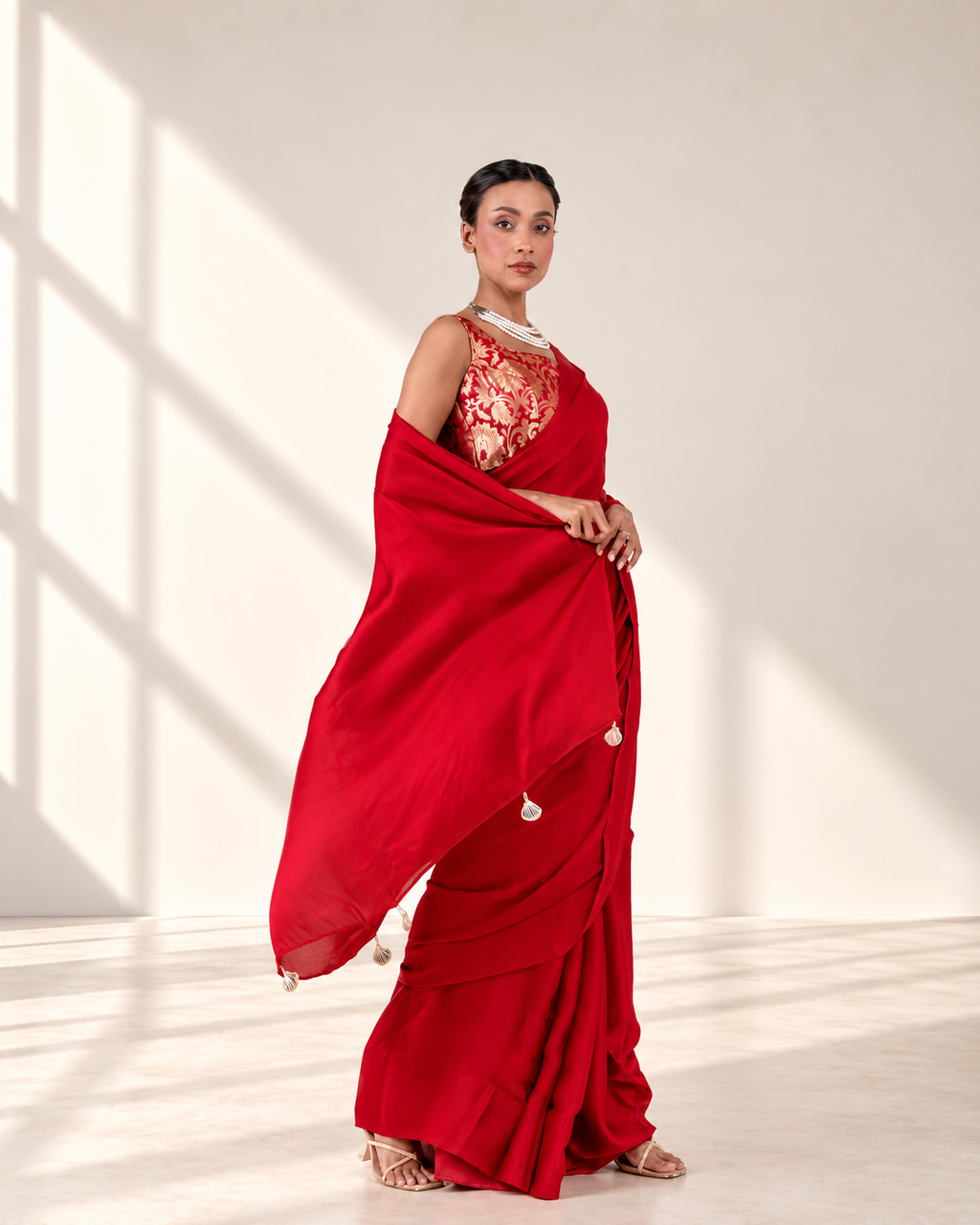 Classic Red Satin Saree with Handcrafted Mirror Tassels and Matching Satin Blouse Piece | Fall & Pico Ready