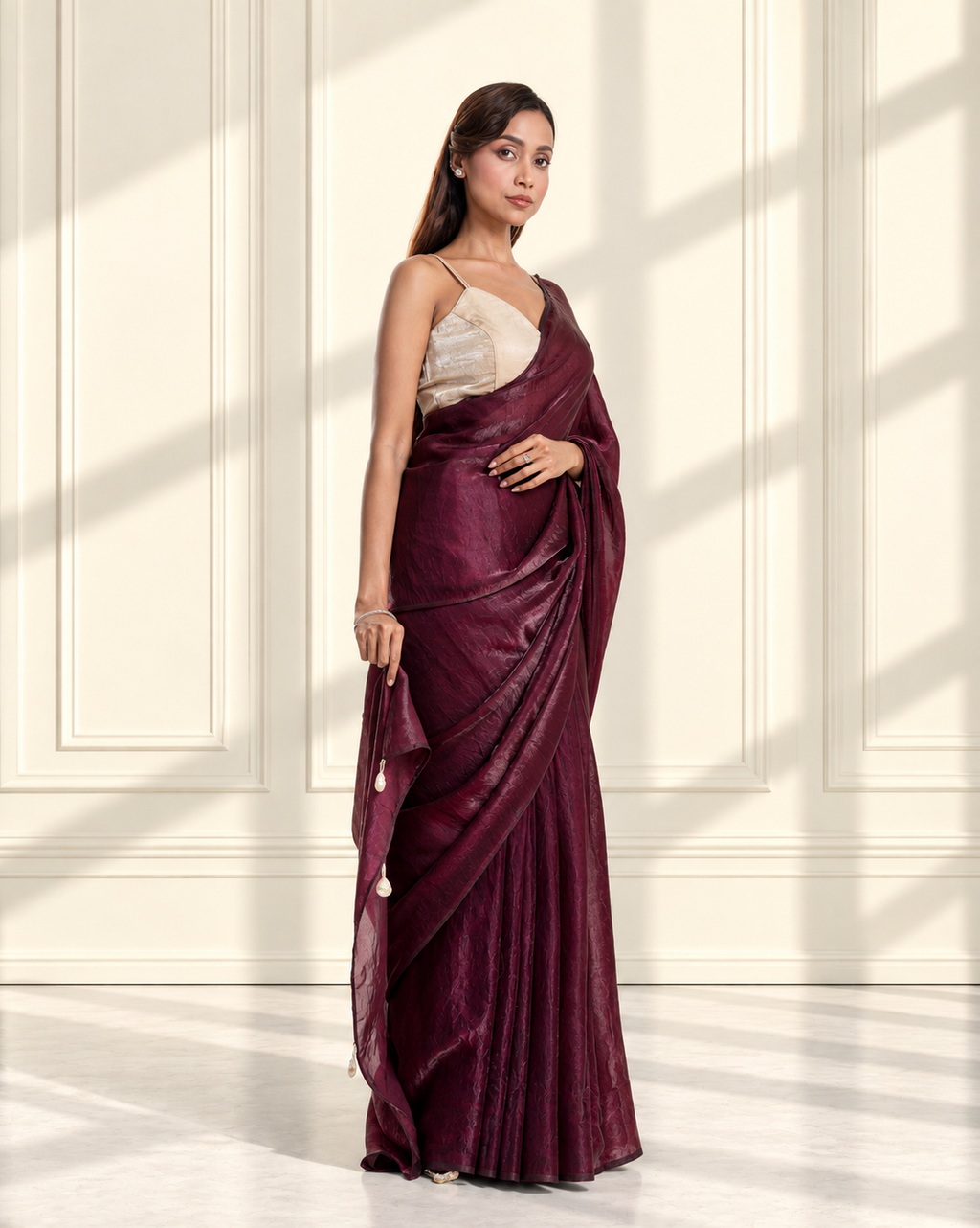 Wine Fendi Satin Saree with Handcrafted Pearl Tassels and Matching Blouse Piece | Fall & Pico Ready