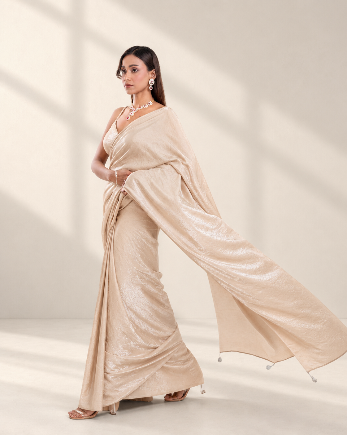 Champagne Cashino Saree with Handcrafted Tassels and Matching Blouse Piece | Fall & Pico Ready
