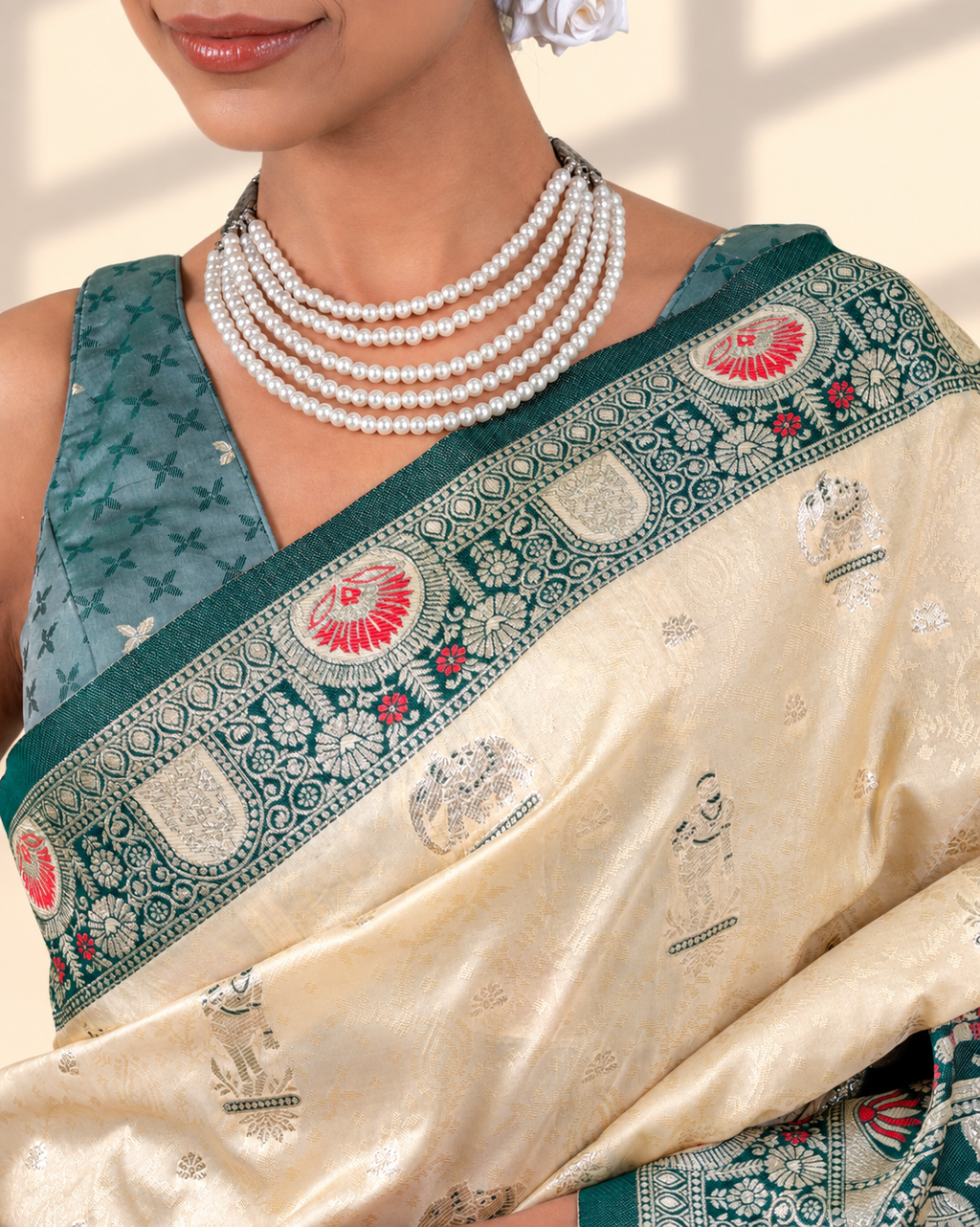 Royal Ivory Banarasi Silk Saree with Heritage Woven Temple Pallu and Matching Blouse Piece | Fall & Pico Ready