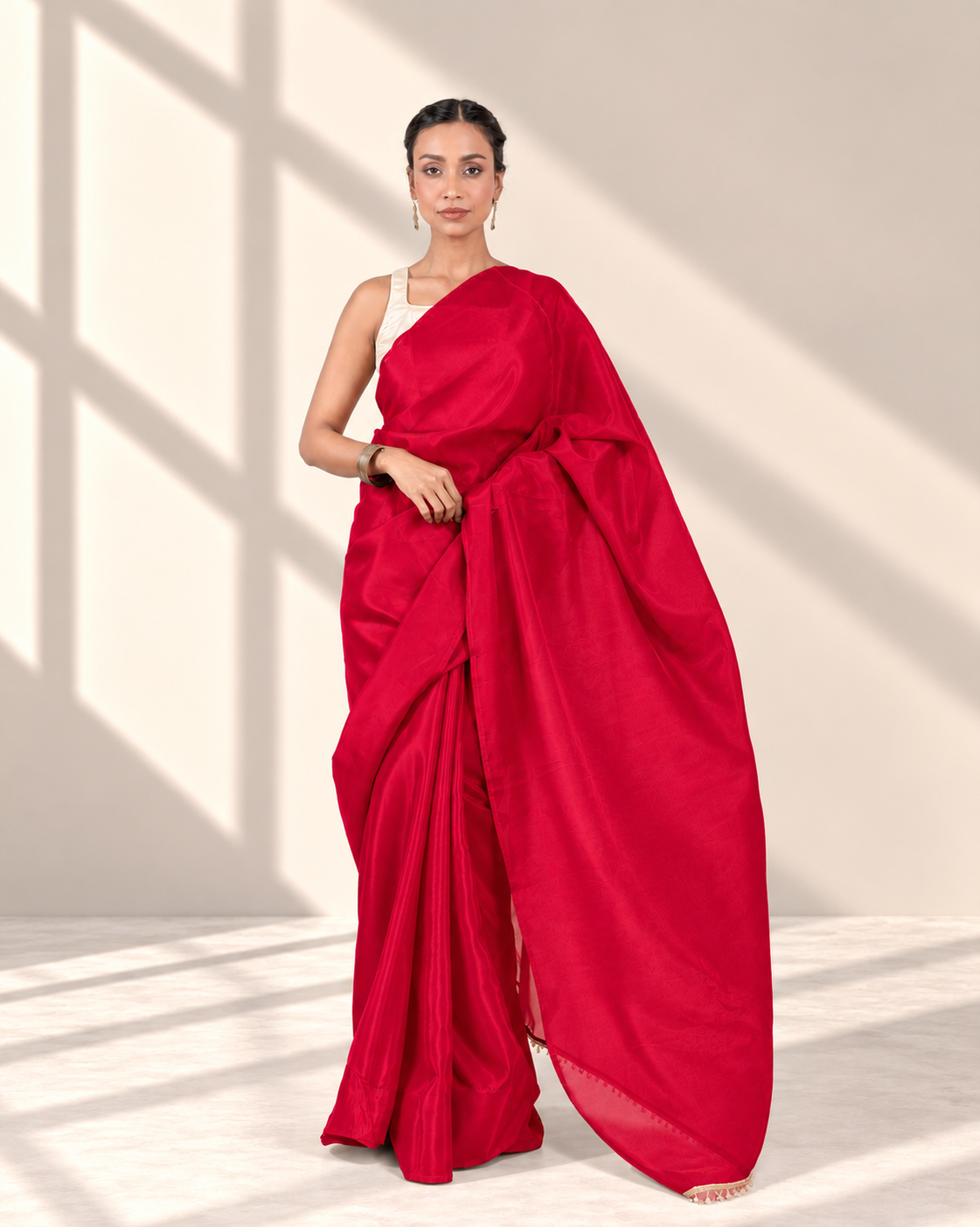 Scarlet Red Silk Blend Saree with Handcrafted Pearl Lace and Matching Blouse Piece | Fall & Pico Ready