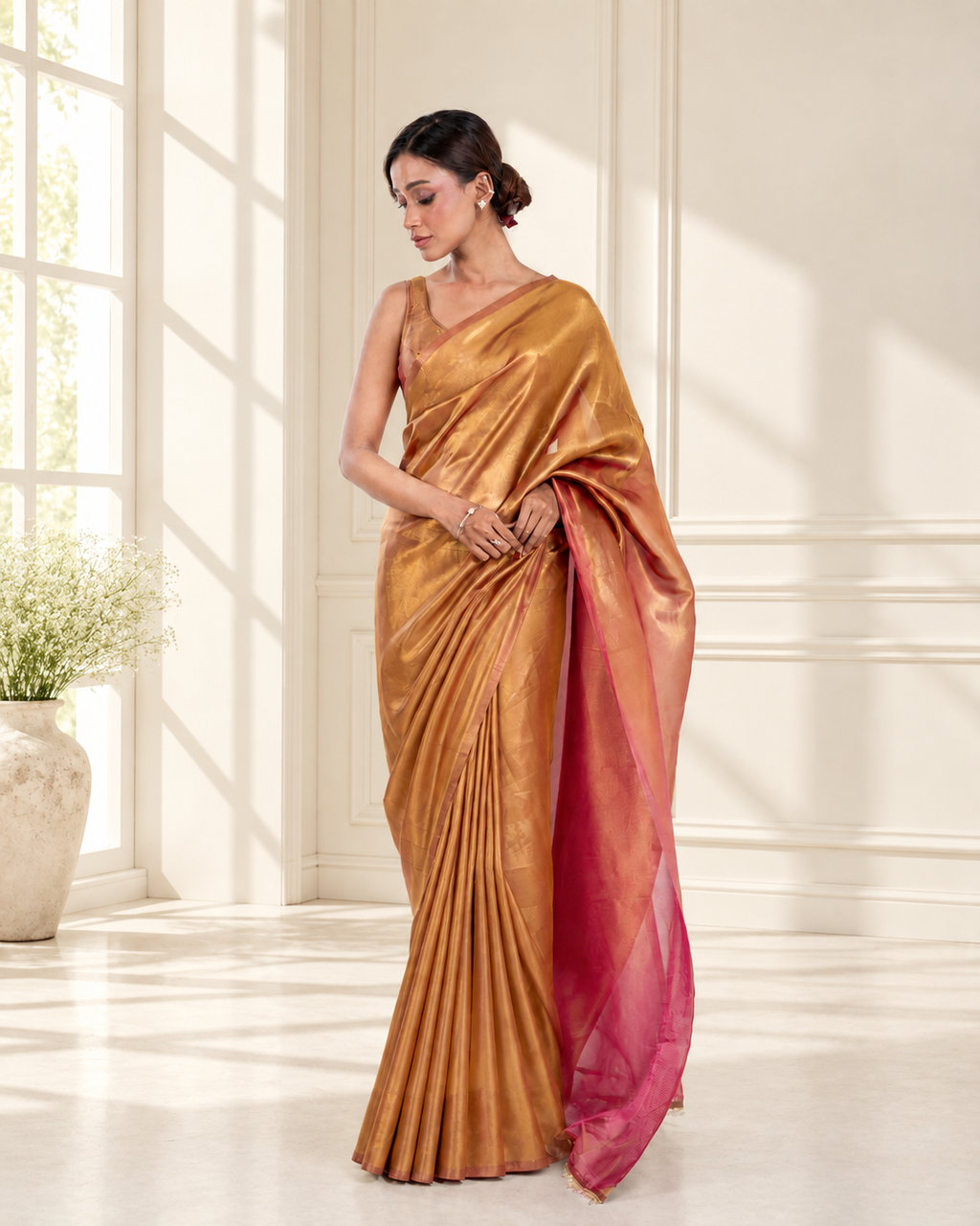 Antique Gold Viscose Zari Saree with Handcrafted Crystal Lace and Matching Blouse Piece | Fall & Pico Ready