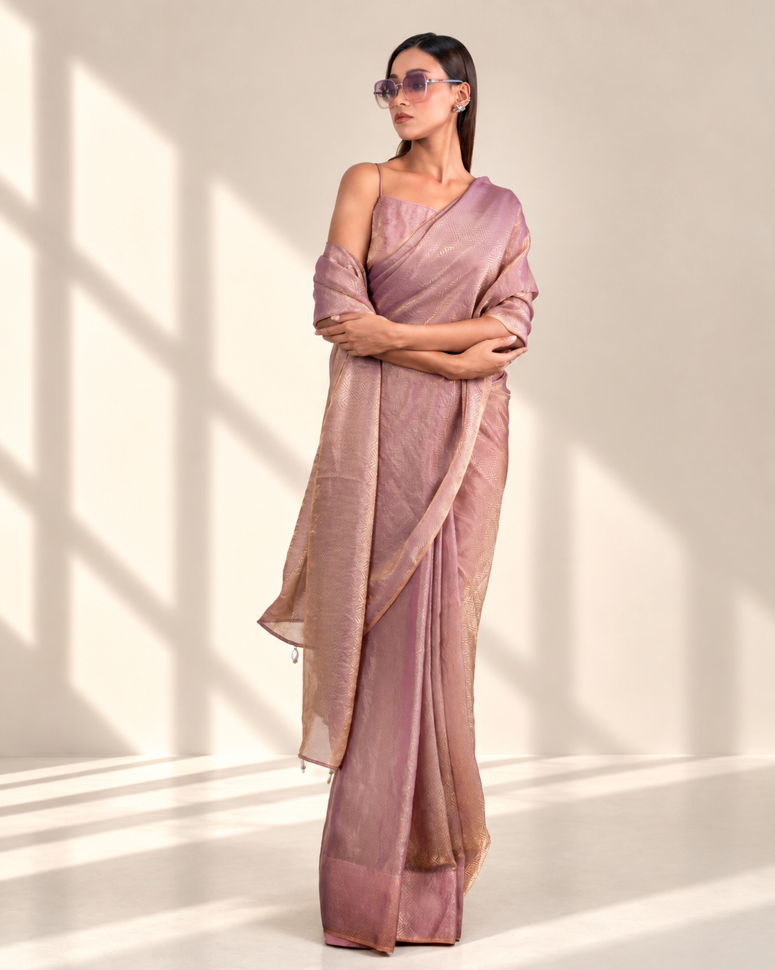 Dusty Mauve Fendi Satin Woven Zari Saree with Handcrafted Pearl Tassel Pallu and Matching Blouse Piece | Fall & Pico Ready