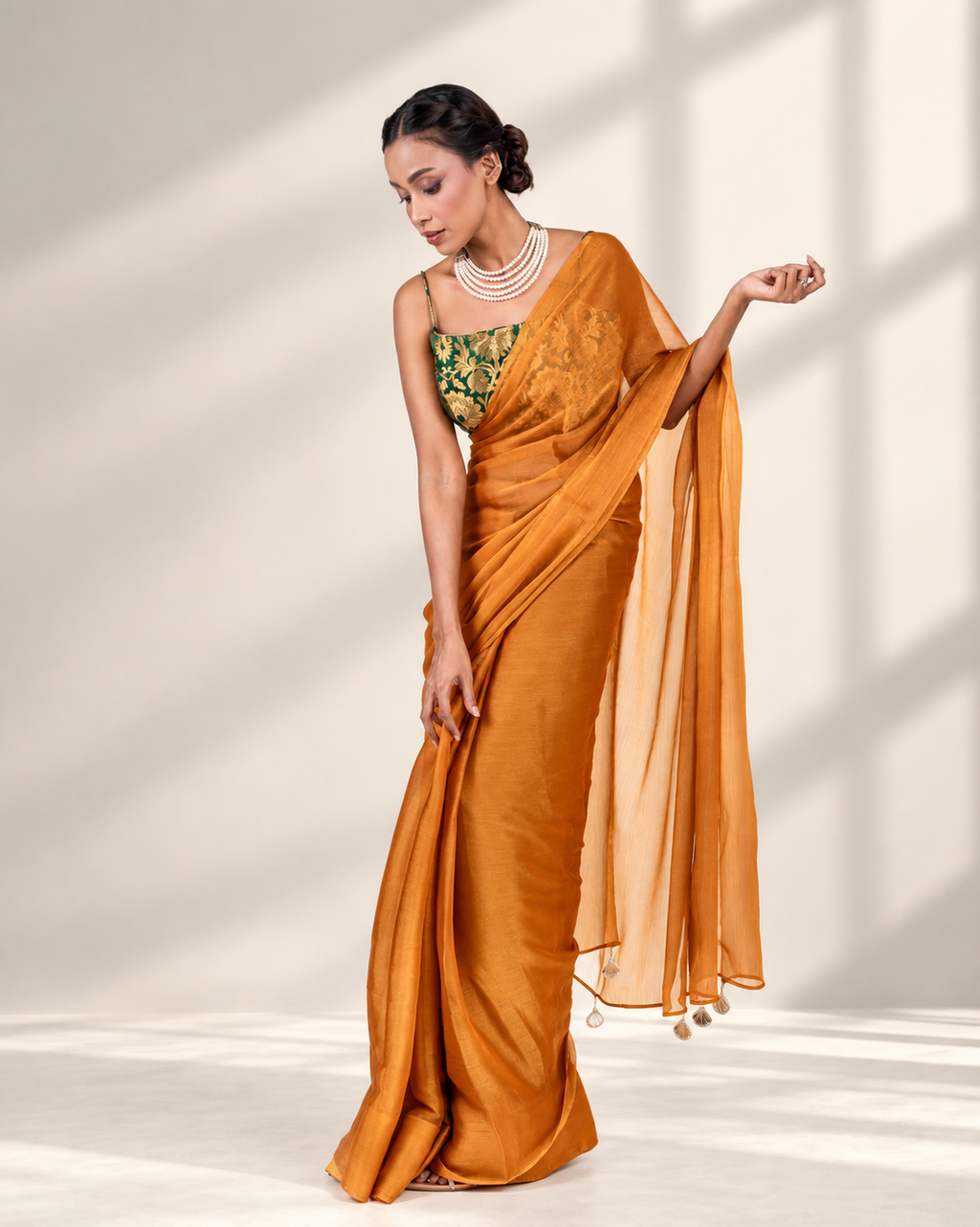 Emerald Green Brocade Spaghetti Strap Blouse with Gold Zari Weave