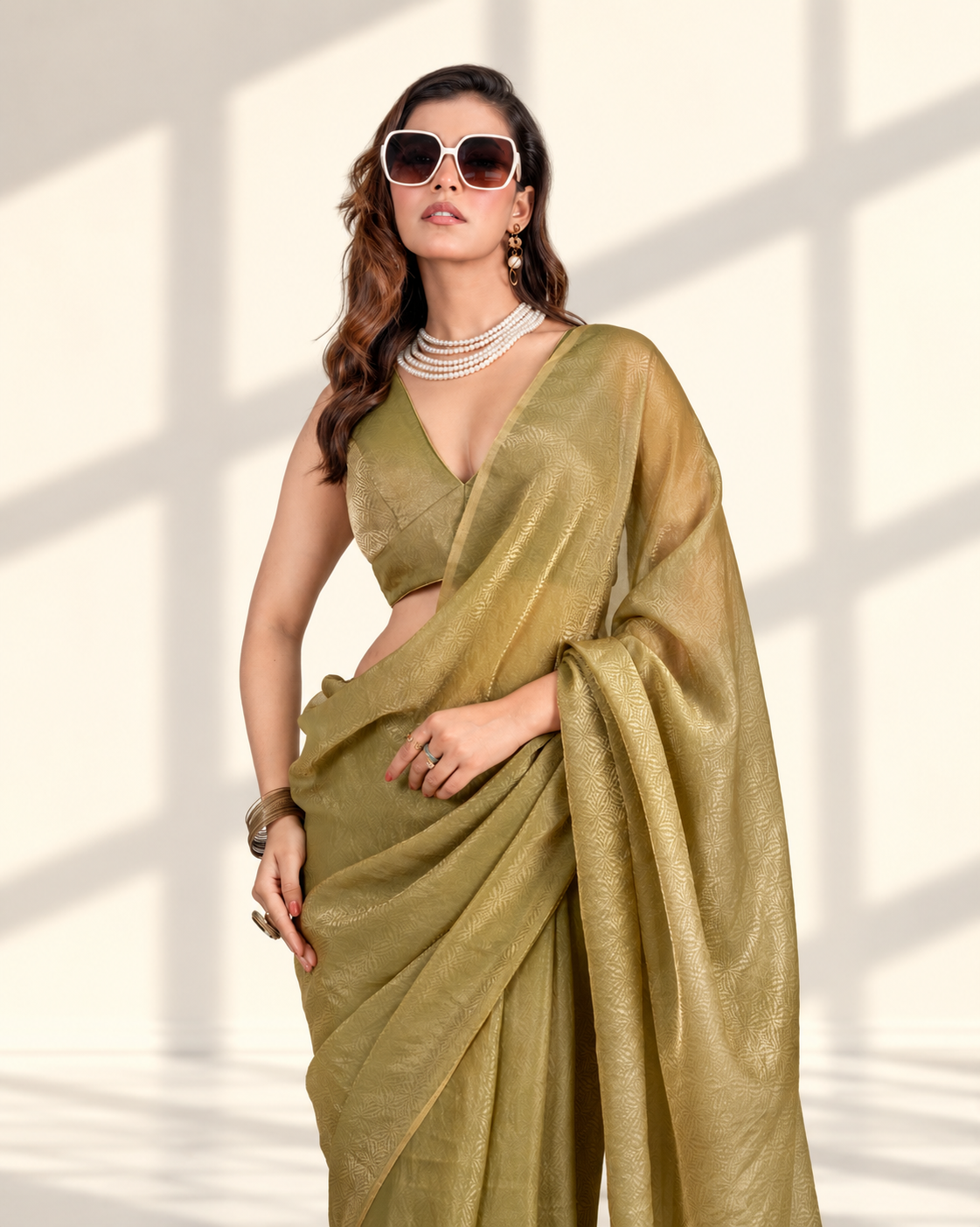 Olive Green Fendi Satin Woven Zari Saree with Pearl Tassel Pallu and Matching Blouse Piece | Fall & Pico Ready