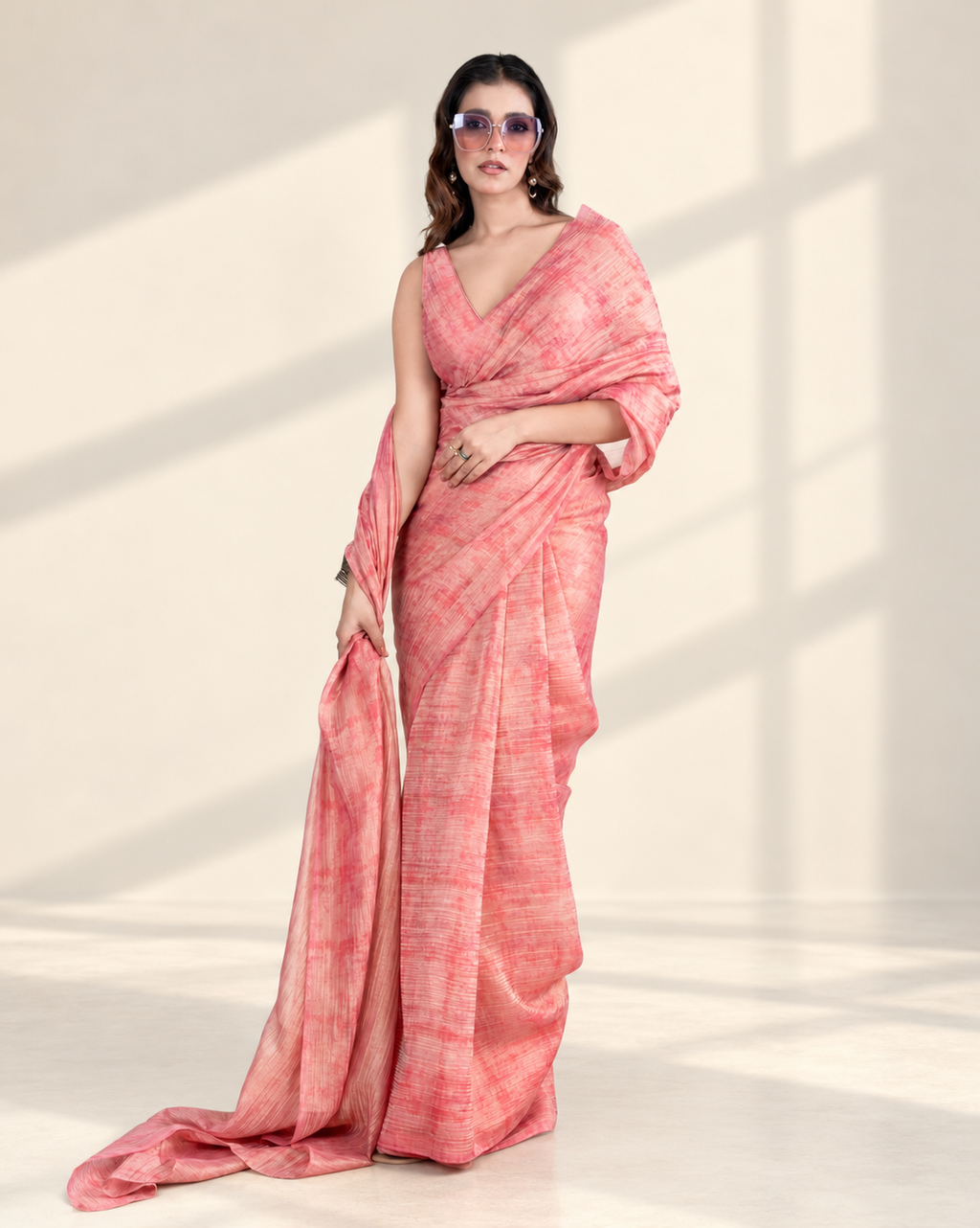 Blush Pink Printed Chiffon Woven Zari Saree with Self Blouse Piece | Fall & Pico Ready
