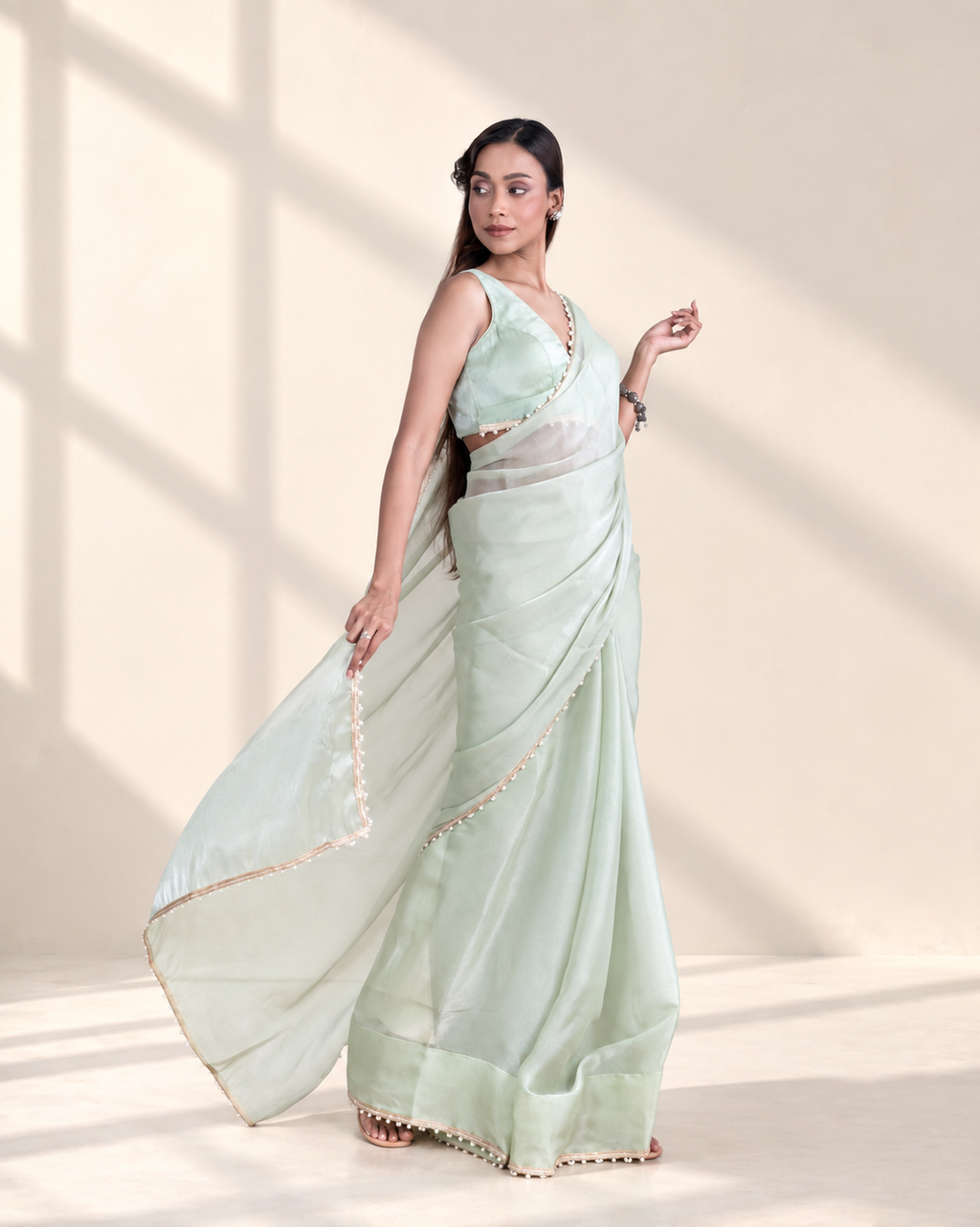 Mint Green Galaxy Organza Saree with Pearl Embellished Border & Self Blouse Piece | Fall & Pico Ready