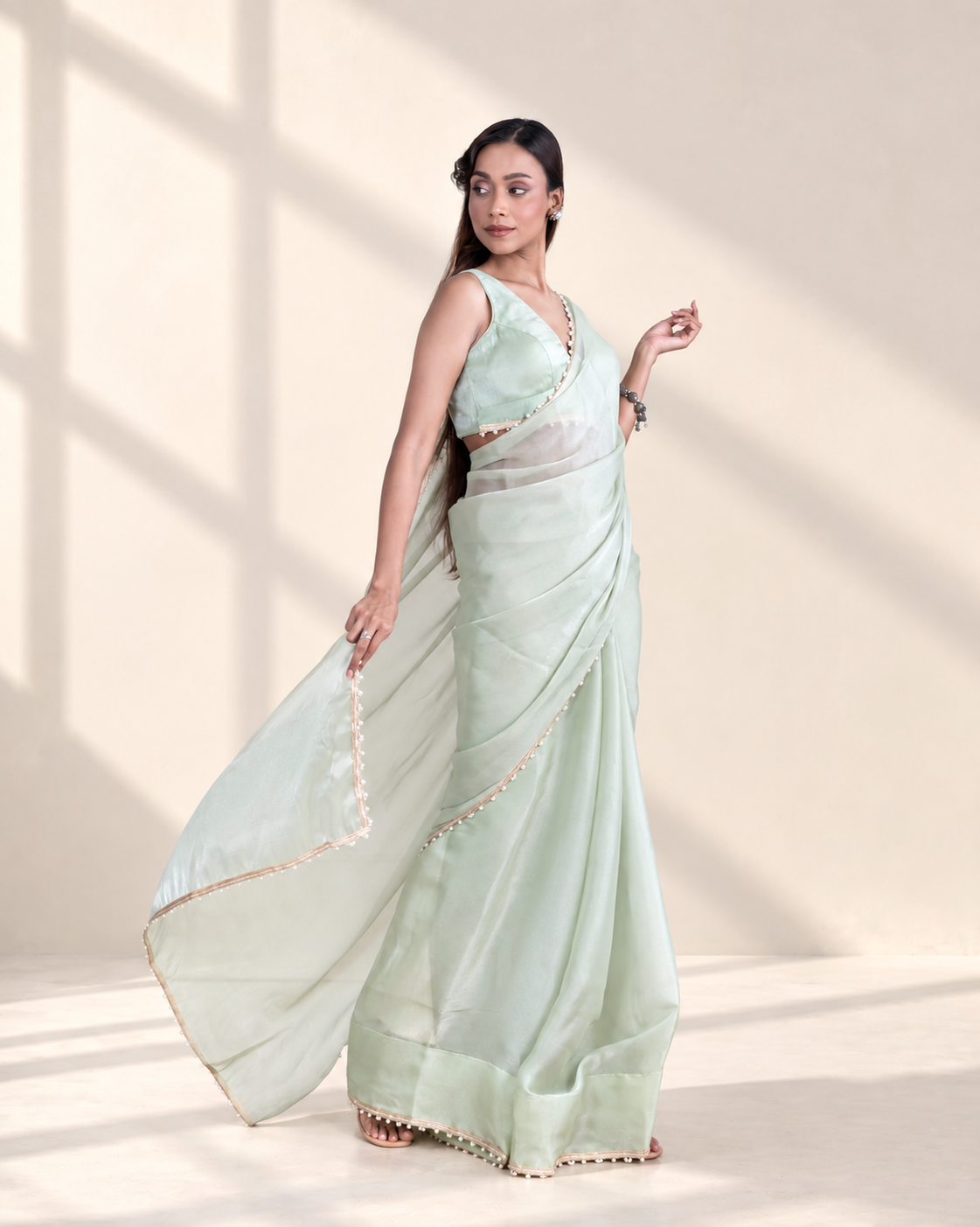 Mint Green Galaxy Organza Saree with Pearl Embellished Border & Self Blouse Piece | Fall & Pico Ready