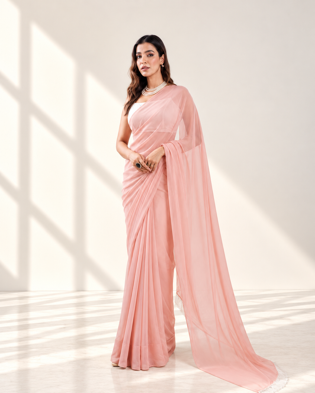Blush Pink Georgette Saree with Ivory Panel & Drop Lace Border with Self Blouse Piece | Fall & Pico Ready