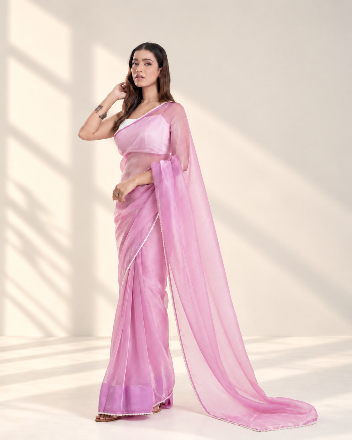 Lilac Soft Metallic Organza Saree with Pearl Lace Border and Matching Blouse Piece | Fall & Pico Ready