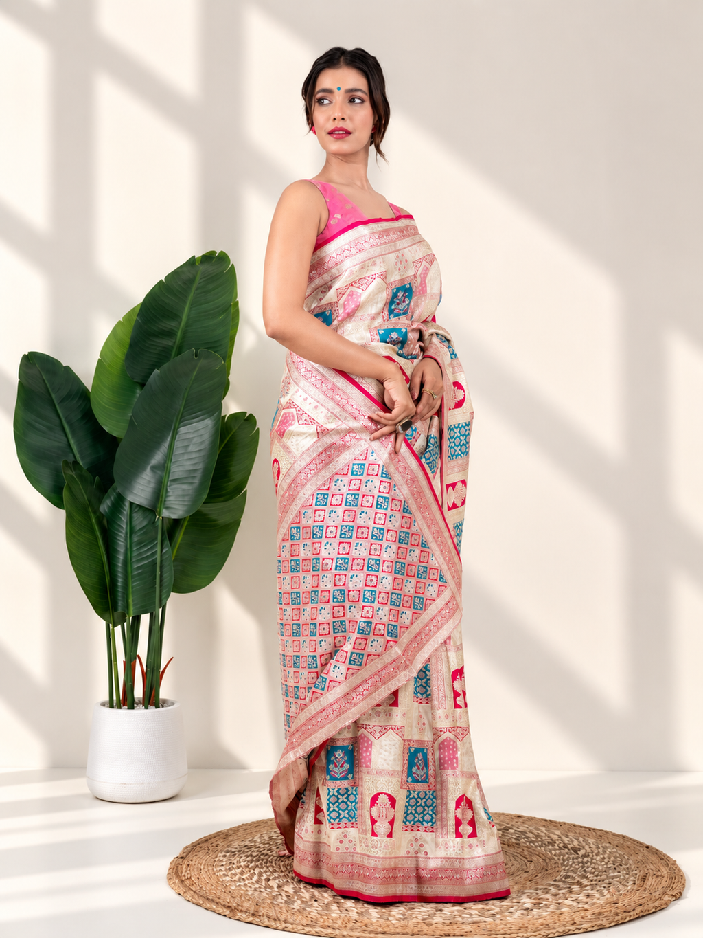 Ivory Pink Banarasi Silk Saree with Heritage Woven Pallu and Matching Blouse Piece | Fall & Pico Ready