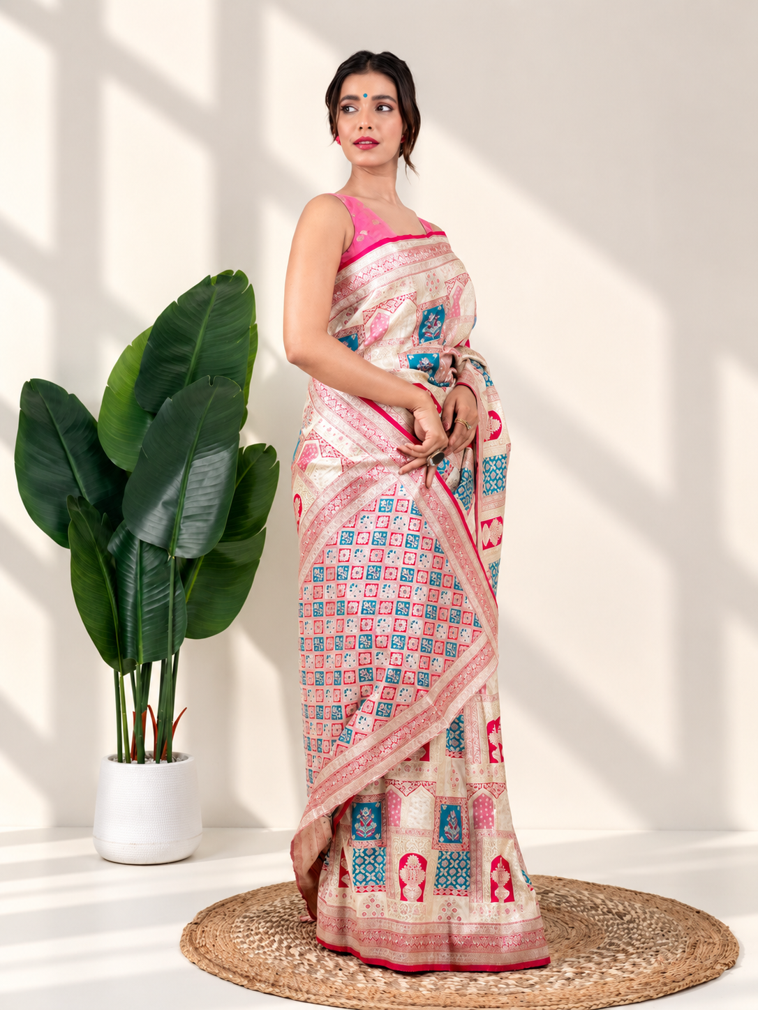 Ivory Pink Banarasi Silk Saree with Heritage Woven Pallu and Matching Blouse Piece | Fall & Pico Ready