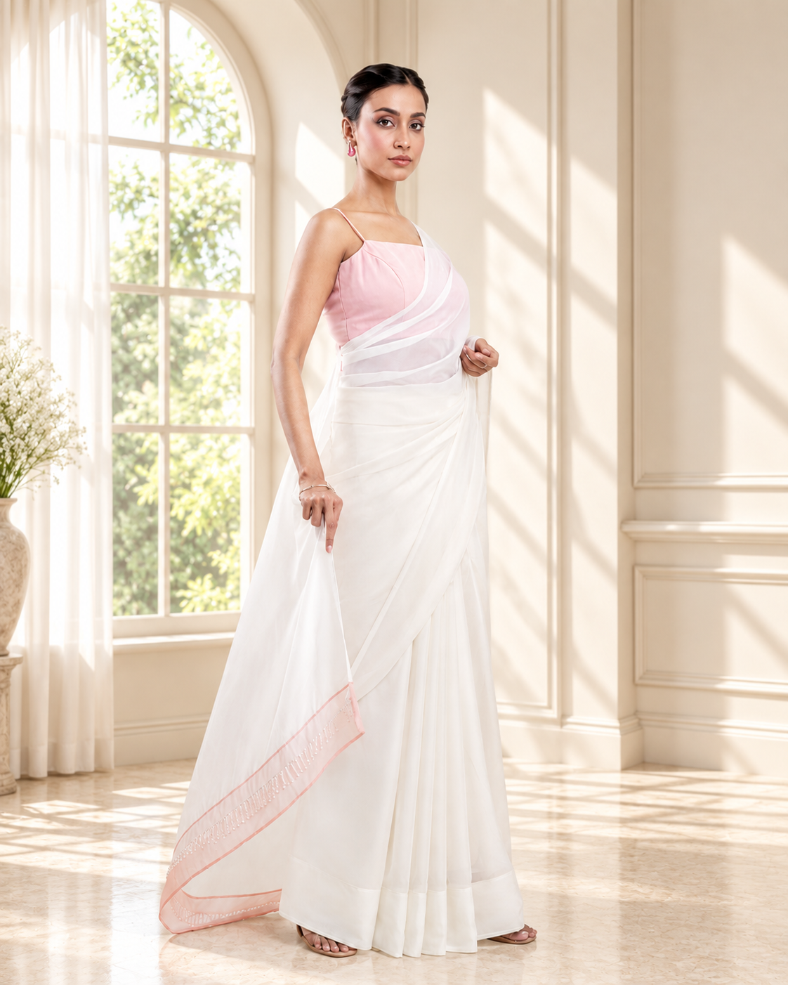 Ivory Georgette Saree with Blush Pink Panel & Drop Lace Border with Self Blouse Piece | Fall & Pico Ready