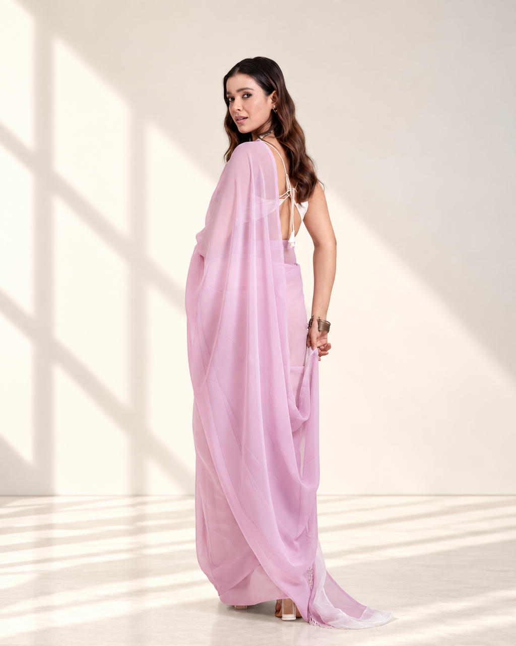 Lavender Georgette Saree with Ivory Panel & Drop Lace Border with Self Blouse Piece | Fall & Pico Ready