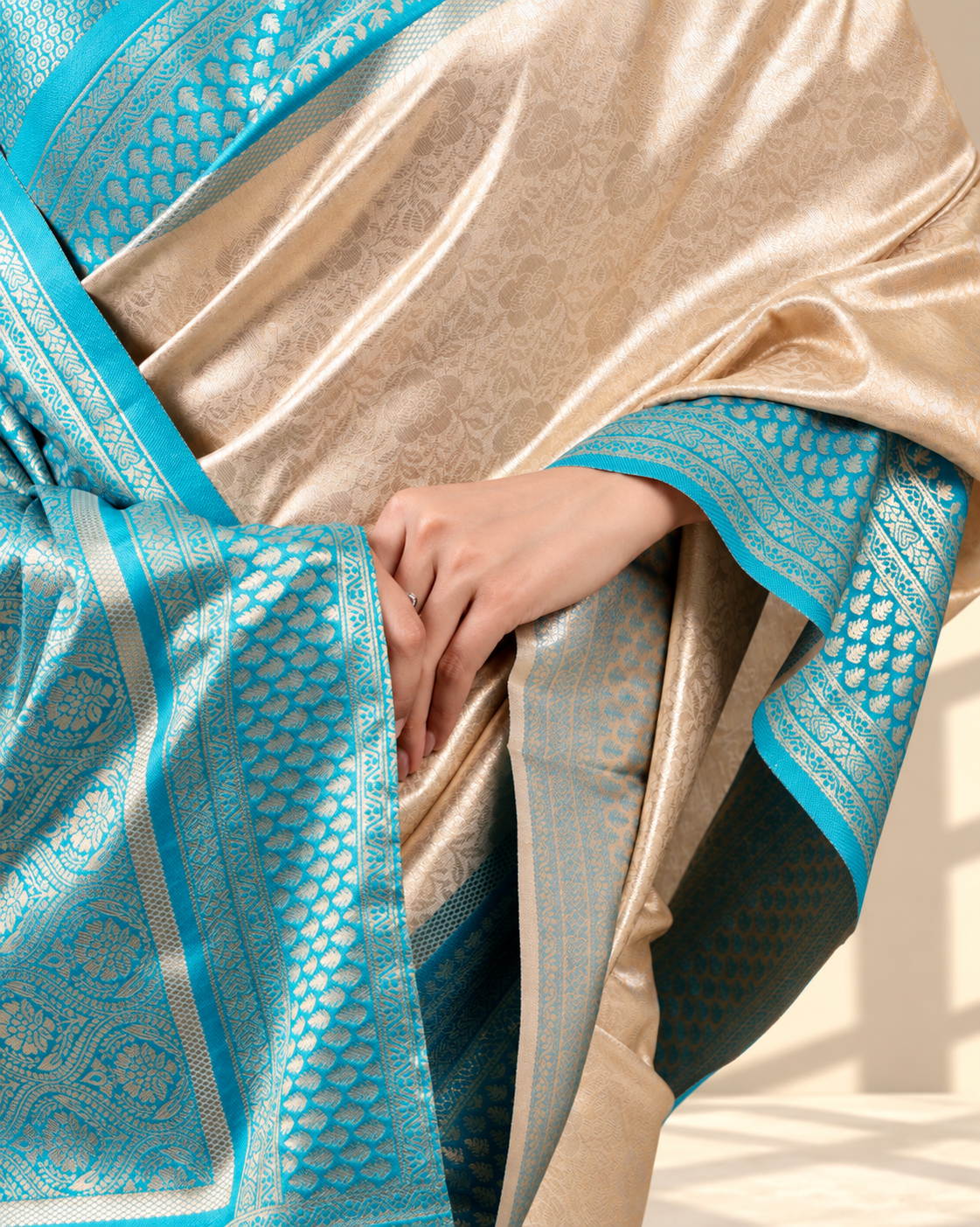 Champagne Gold Banarasi Silk Saree with Aqua Blue Zari Border and Matching Blouse Piece | Fall & Pico Ready