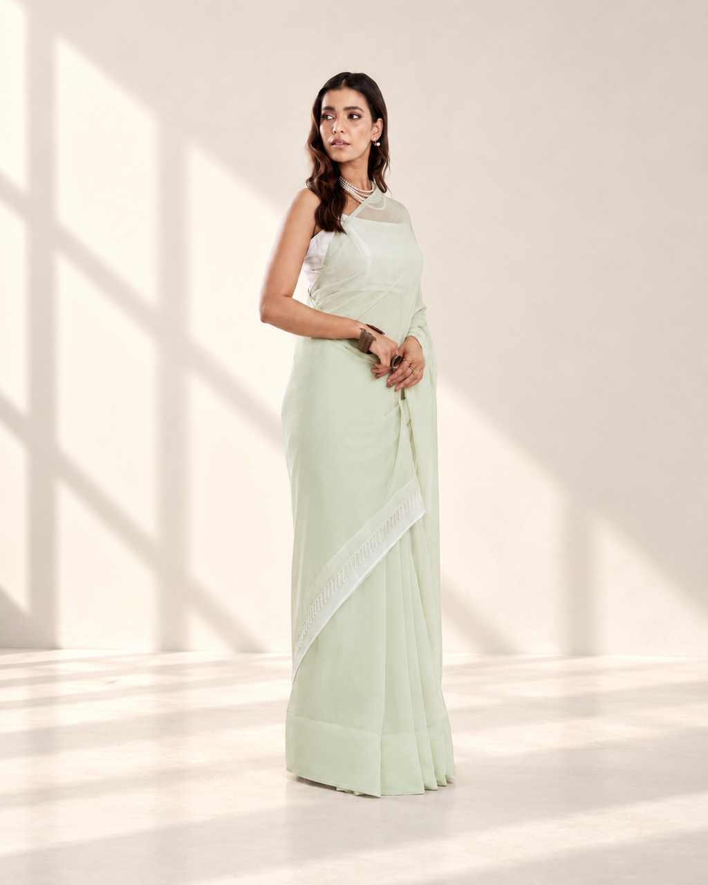 Sage Green Georgette Saree with Ivory Panel & Drop Lace Border with Self Blouse Piece | Fall & Pico Ready