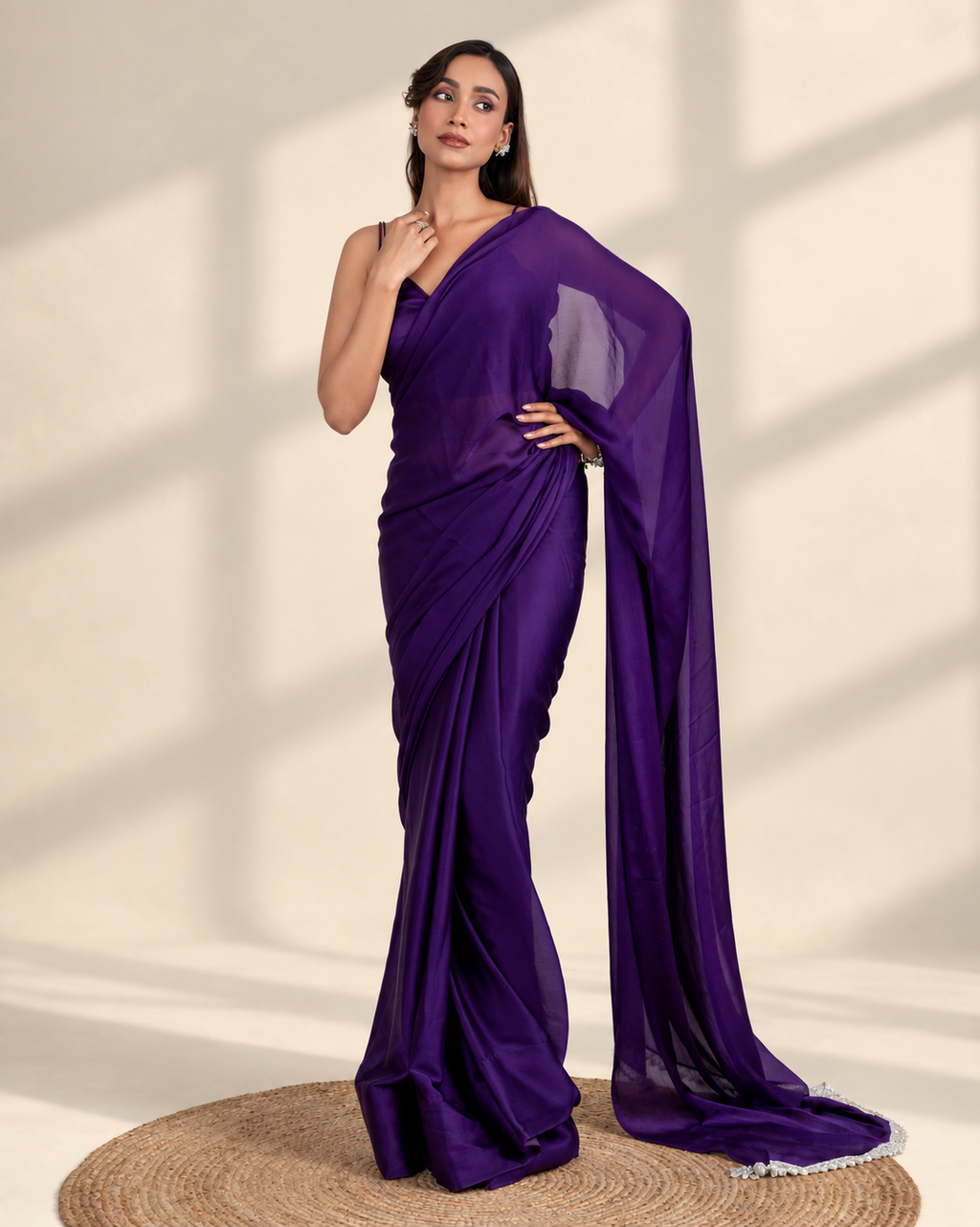 Royal Purple Natural Chiffon Saree with Embroidered Lace, Handcrafted Tassels and Matching Blouse Piece | Fall & Pico Ready