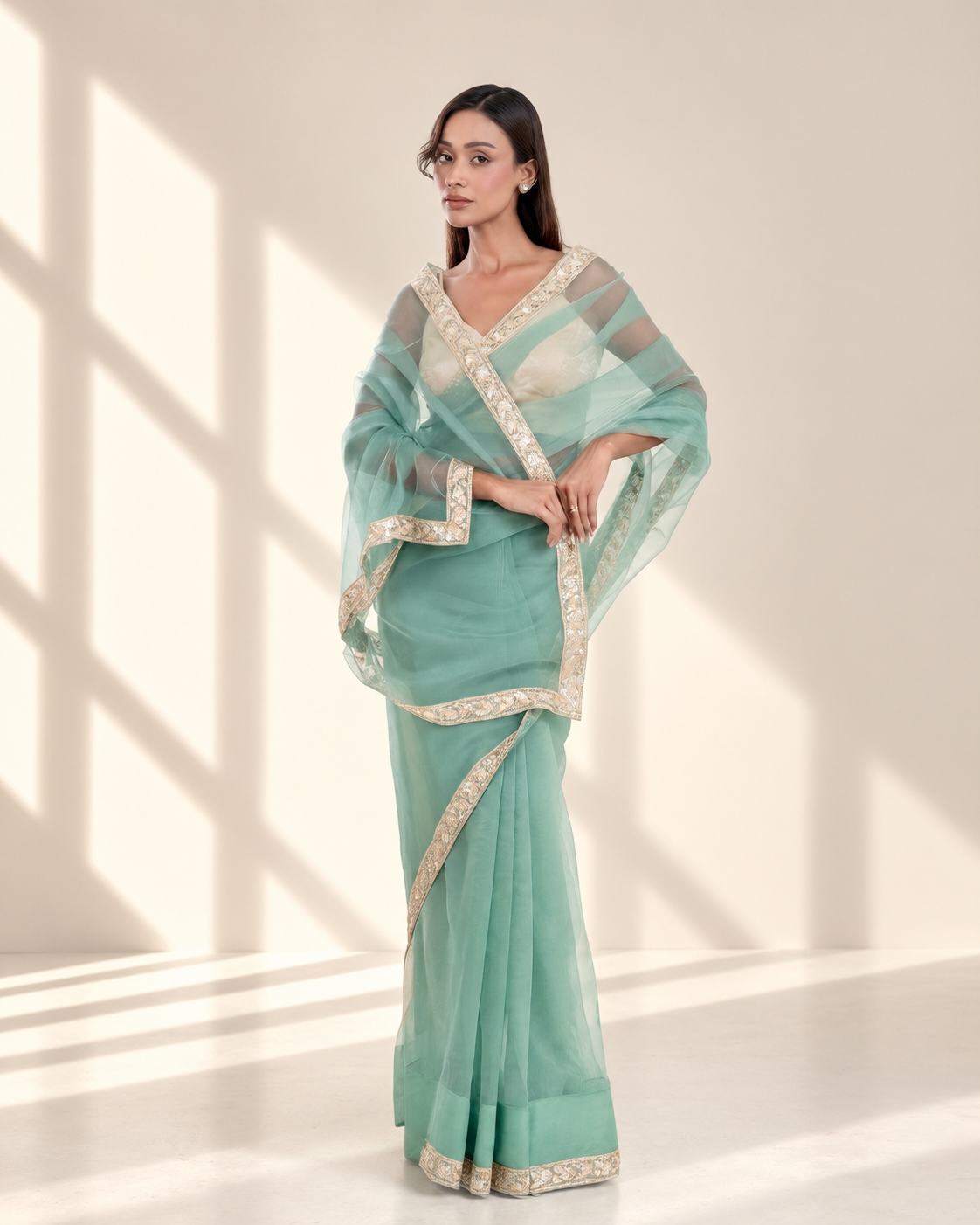 Sea Green Organza Saree with Floral Embroidered Lace Border and Matching Organza Blouse Piece | Fall & Pico Ready