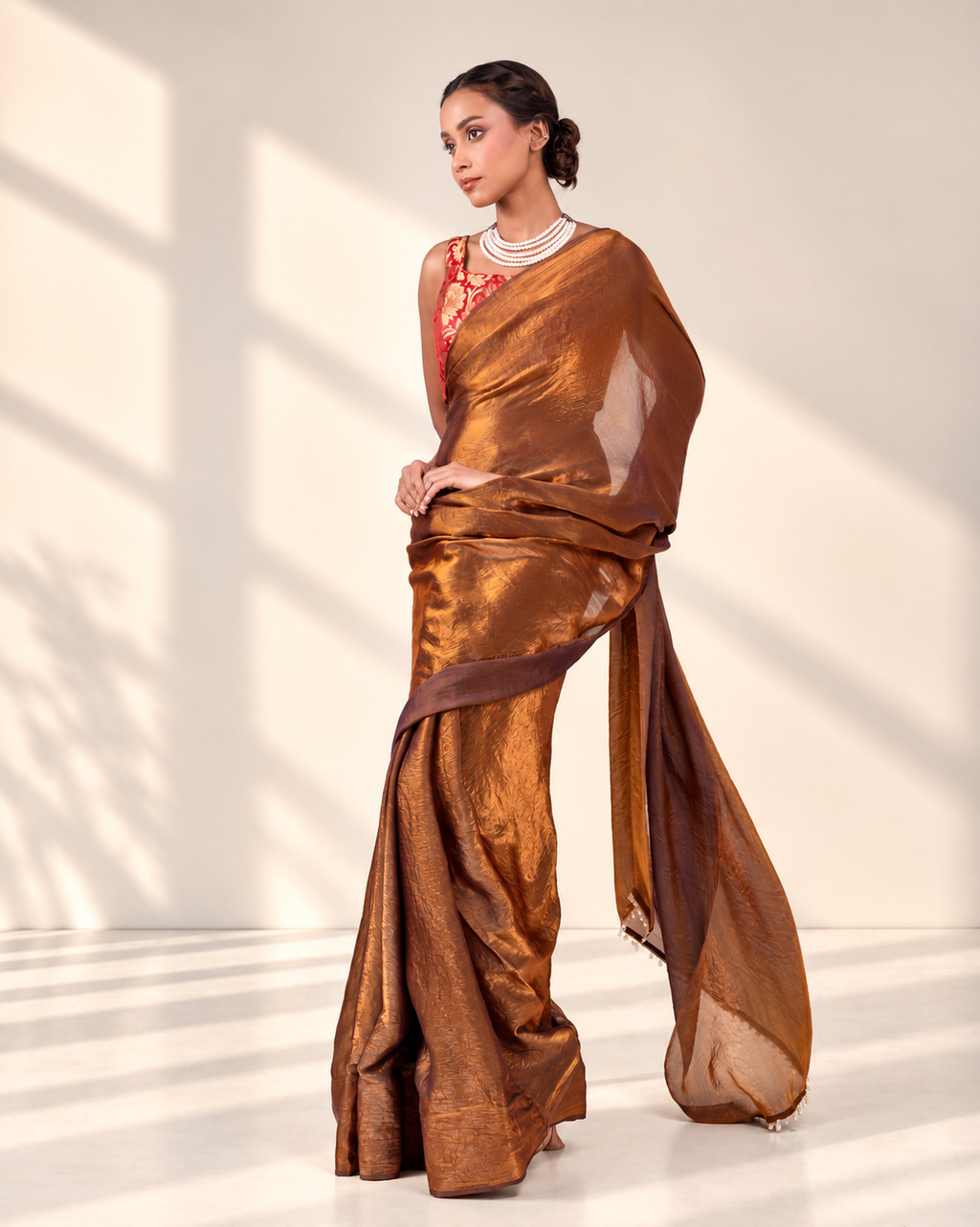 Antique Bronze Fendi Satin Saree with Handcrafted Crystal Drop Lace and Matching Blouse Piece | Fall & Pico Ready