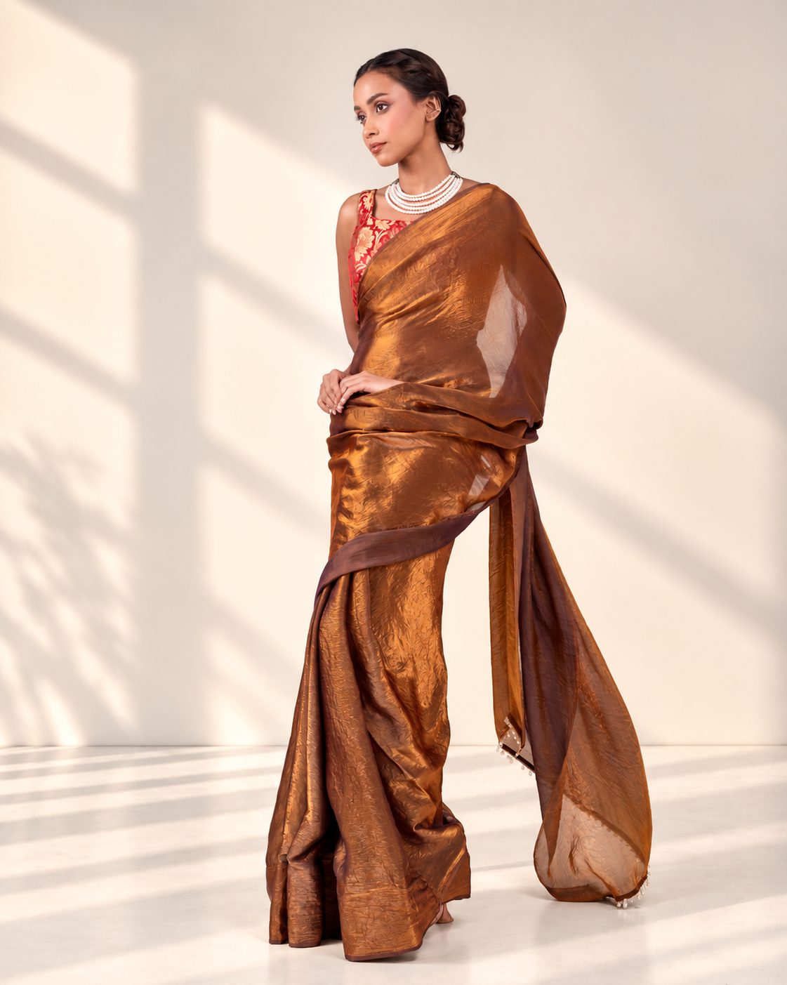 Antique Bronze Fendi Satin Saree with Handcrafted Crystal Drop Lace and Matching Blouse Piece | Fall & Pico Ready