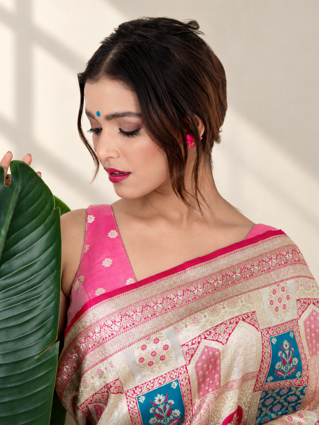 Ivory Pink Banarasi Silk Saree with Heritage Woven Pallu and Matching Blouse Piece | Fall & Pico Ready