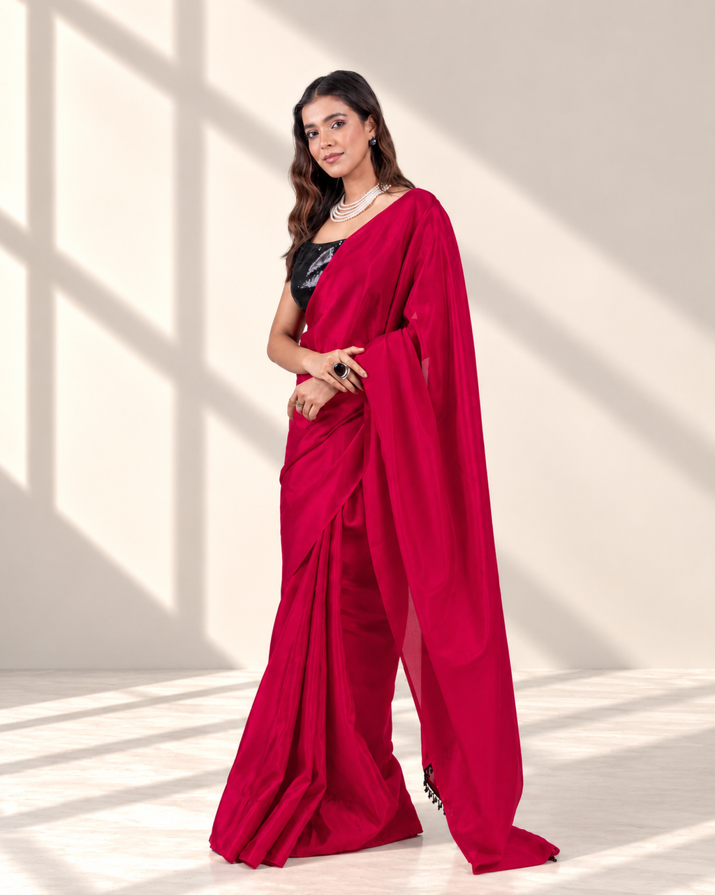 Ruby Red Silk Blend Saree with Handcrafted Black Lace and Matching Blouse Piece | Fall & Pico Ready