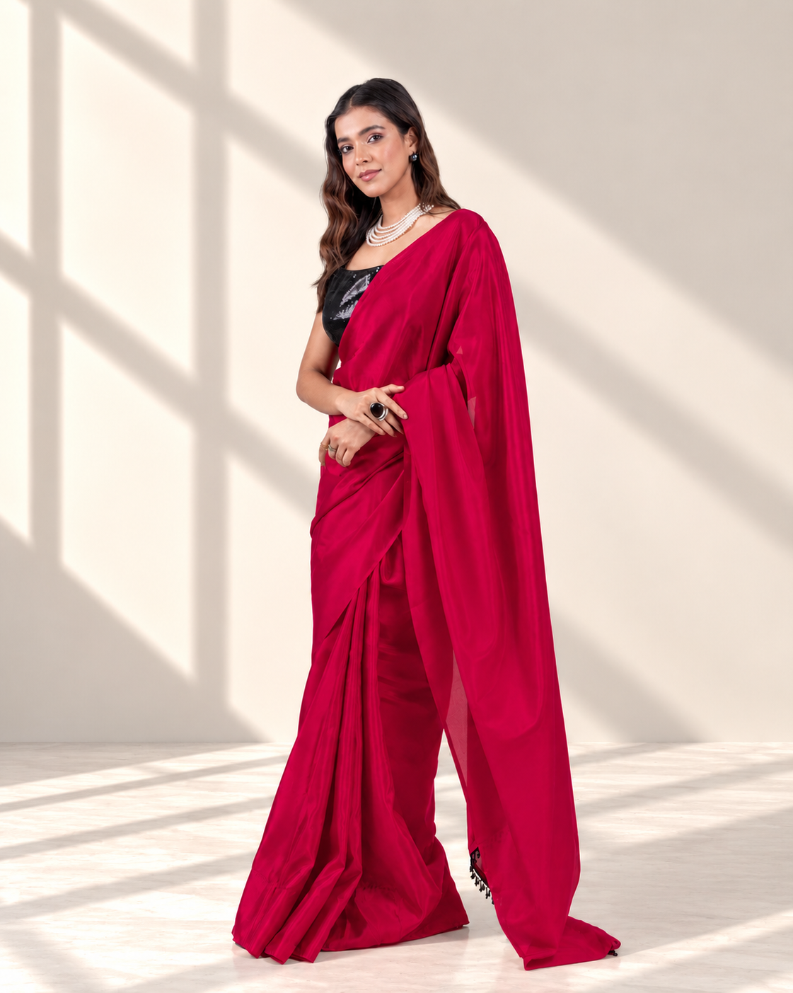 Ruby Red Silk Blend Saree with Handcrafted Black Lace and Matching Blouse Piece | Fall & Pico Ready