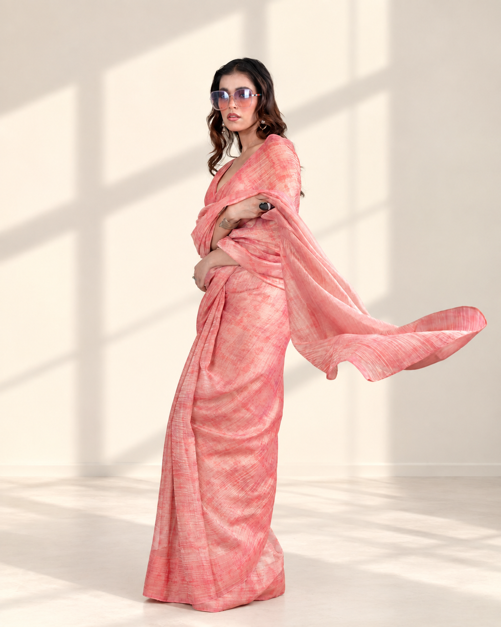 Blush Pink Printed Chiffon Woven Zari Saree with Self Blouse Piece | Fall & Pico Ready