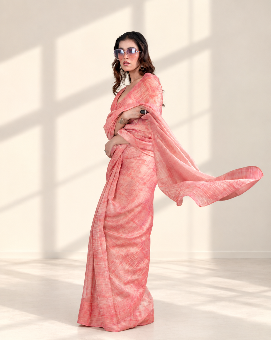 Blush Pink Printed Chiffon Woven Zari Saree with Self Blouse Piece | Fall & Pico Ready