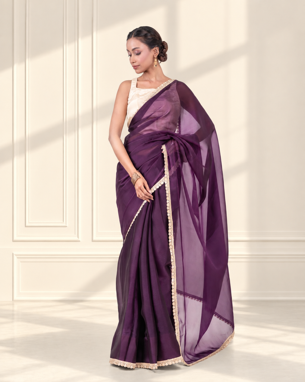 Royal Purple Sheer Organza Saree with Embroidered Lace and Matching Blouse Piece | Fall & Pico Ready