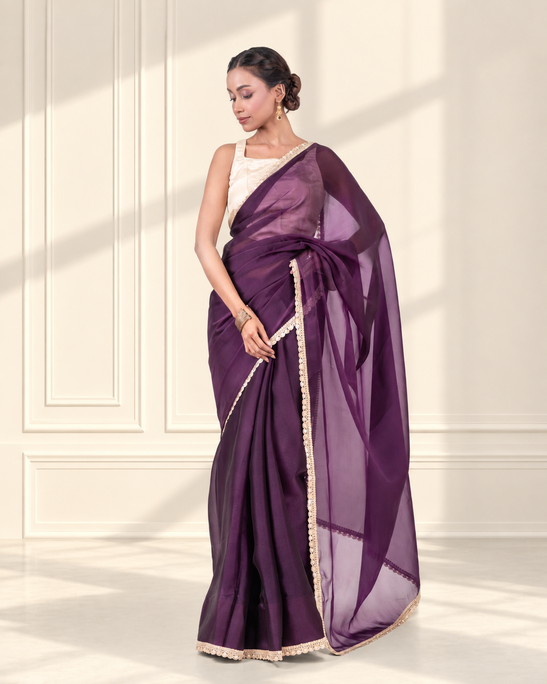 Royal Purple Sheer Organza Saree with Embroidered Lace and Matching Blouse Piece | Fall & Pico Ready