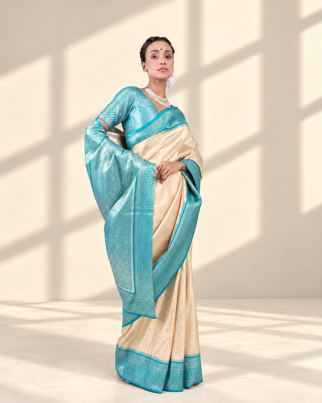 Champagne Gold Banarasi Silk Saree with Aqua Blue Zari Border and Matching Blouse Piece | Fall & Pico Ready