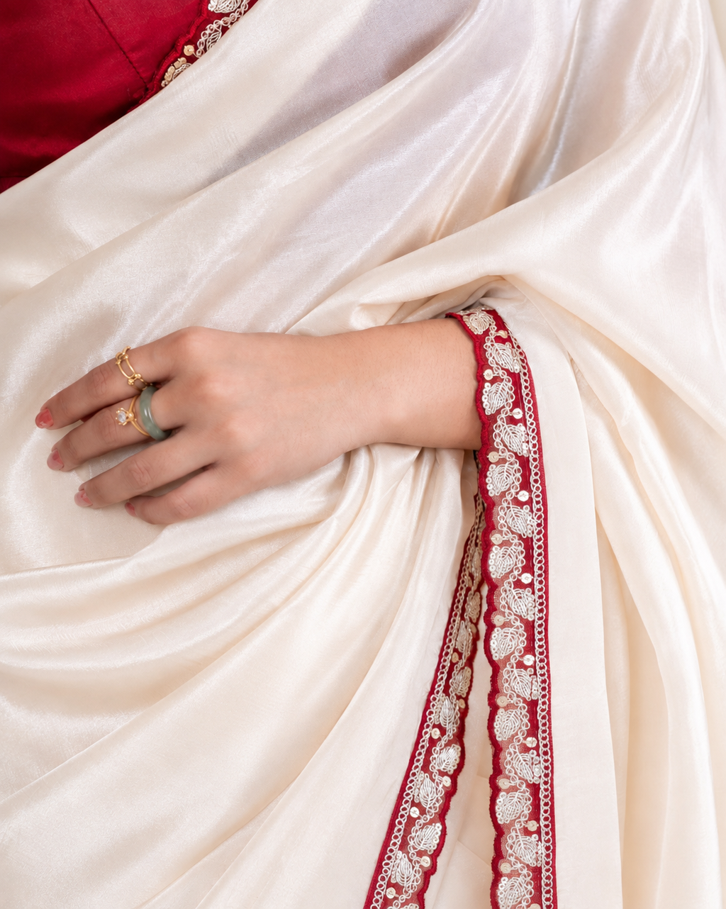 Ivory Silk Blend Saree with Maroon Embellished Border & Matching Blouse Piece | Fall & Pico Ready