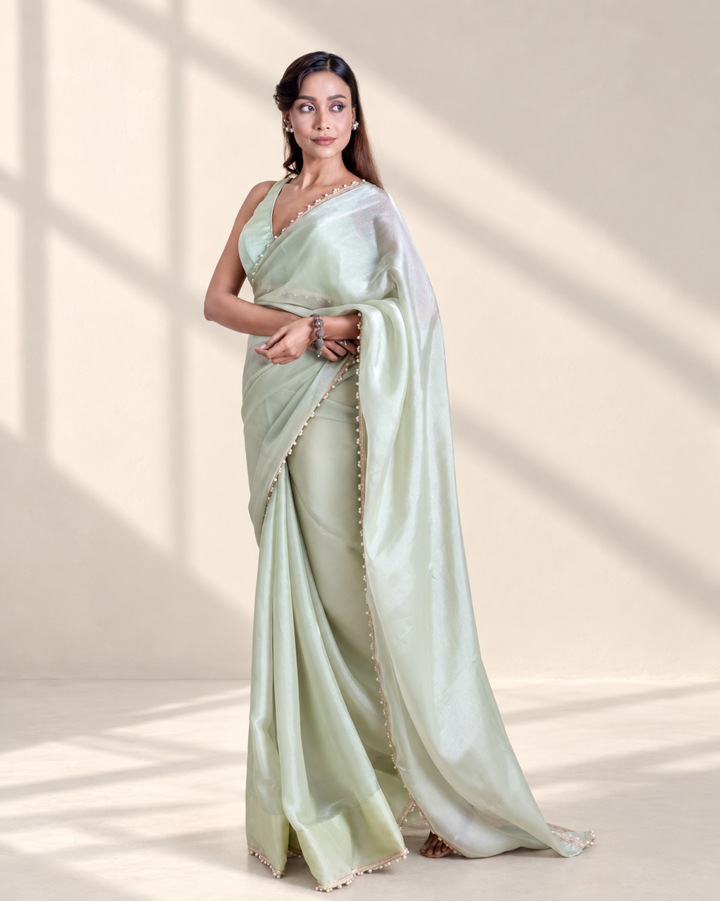 Mint Green Galaxy Organza Saree with Pearl Embellished Border & Self Blouse Piece | Fall & Pico Ready