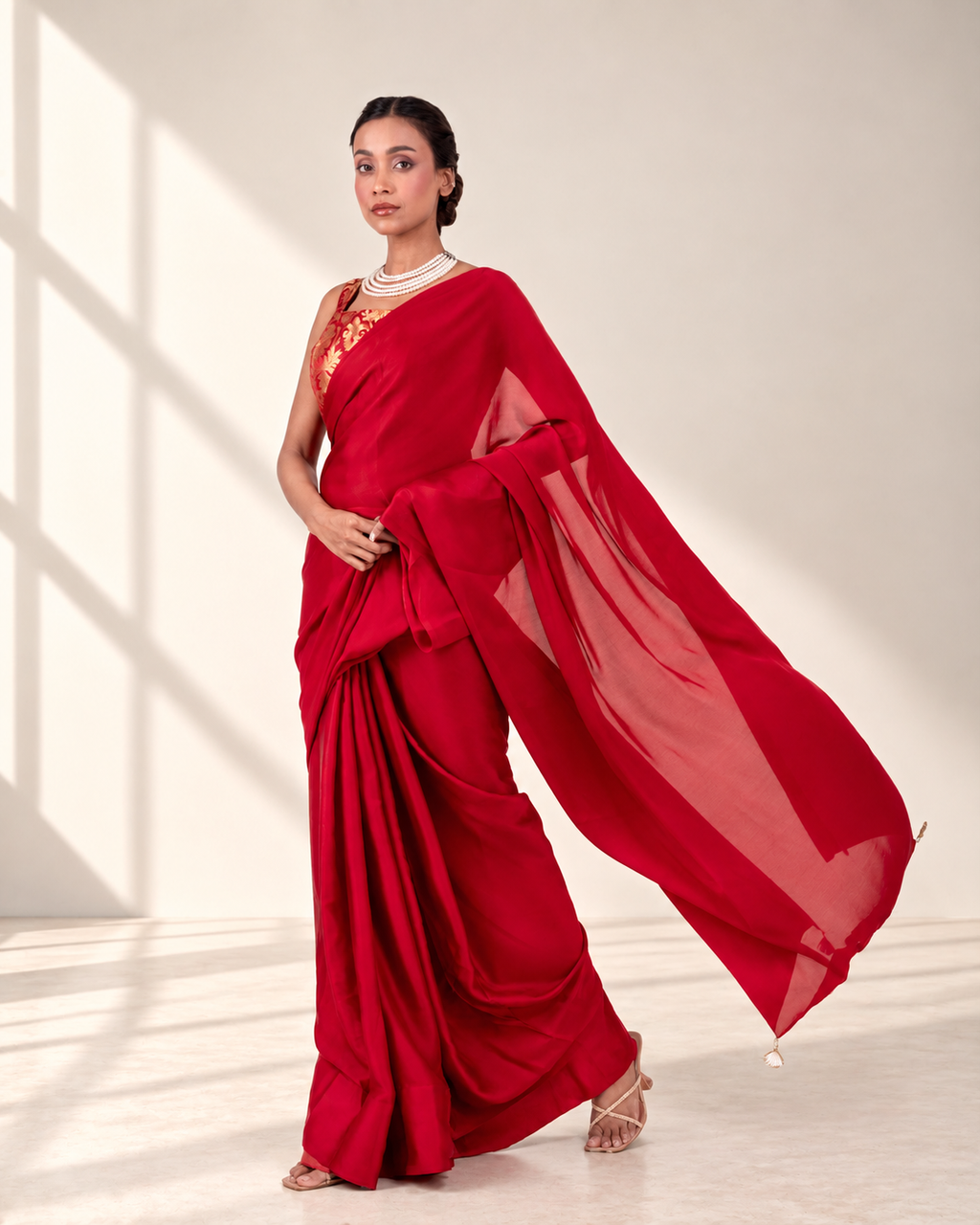 Classic Red Satin Saree with Handcrafted Mirror Tassels and Matching Satin Blouse Piece | Fall & Pico Ready