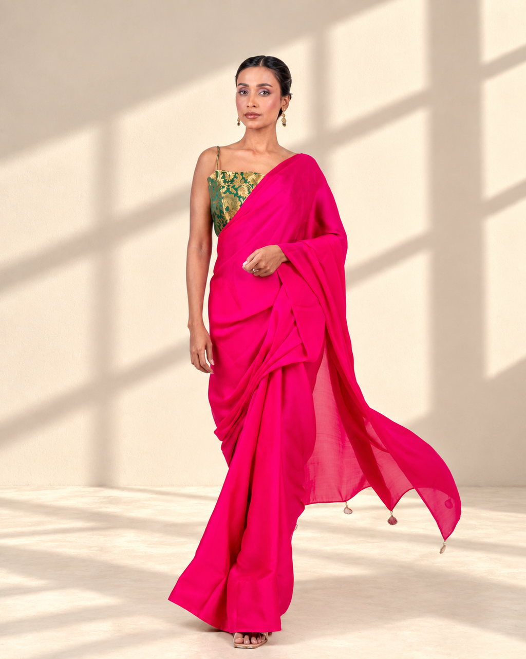 Hot Pink Satin Saree with Handcrafted Mirror Tassels and Matching Satin Blouse Piece | Fall & Pico Ready
