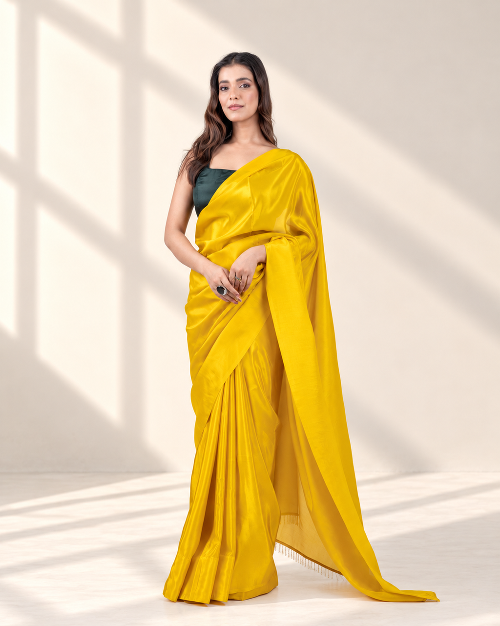 Sunshine Yellow Silk Blend Saree with Handcrafted Drop Lace and Matching Blouse Piece | Fall & Pico Ready