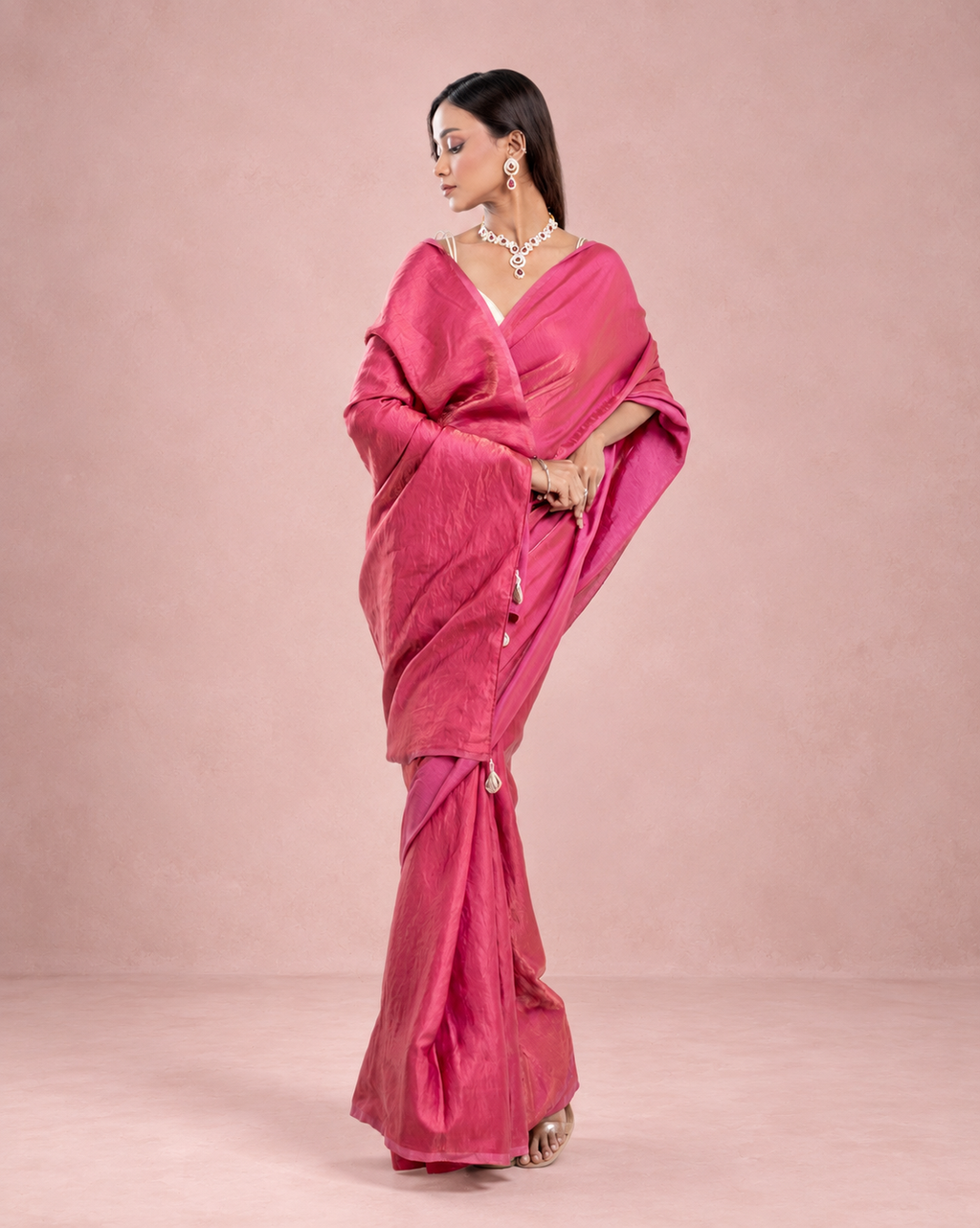 Rosewood Pink Cashino Saree with Handcrafted Pearl Tassels and Matching Blouse Piece | Fall & Pico Ready