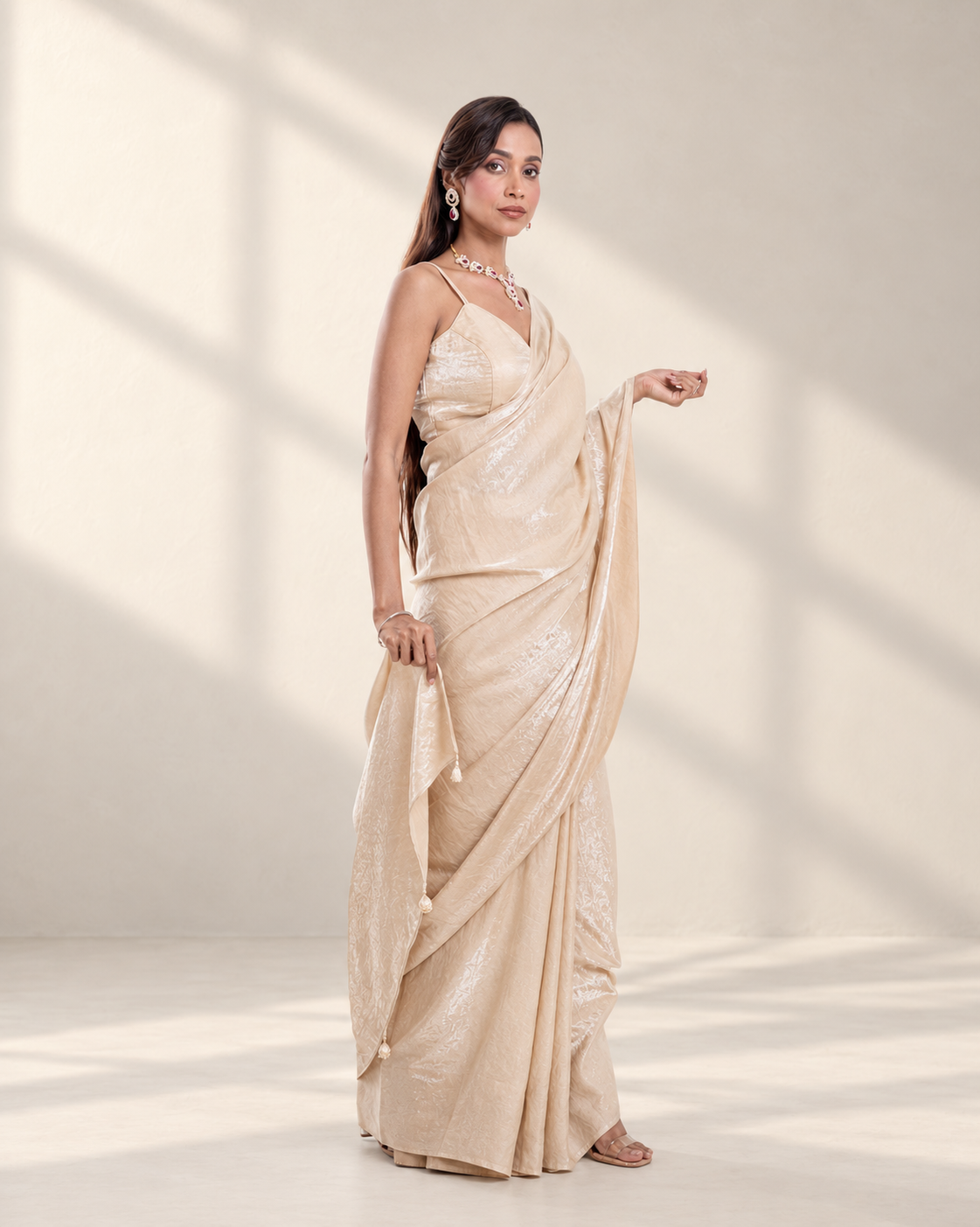 Champagne Cashino Saree with Handcrafted Tassels and Matching Blouse Piece | Fall & Pico Ready