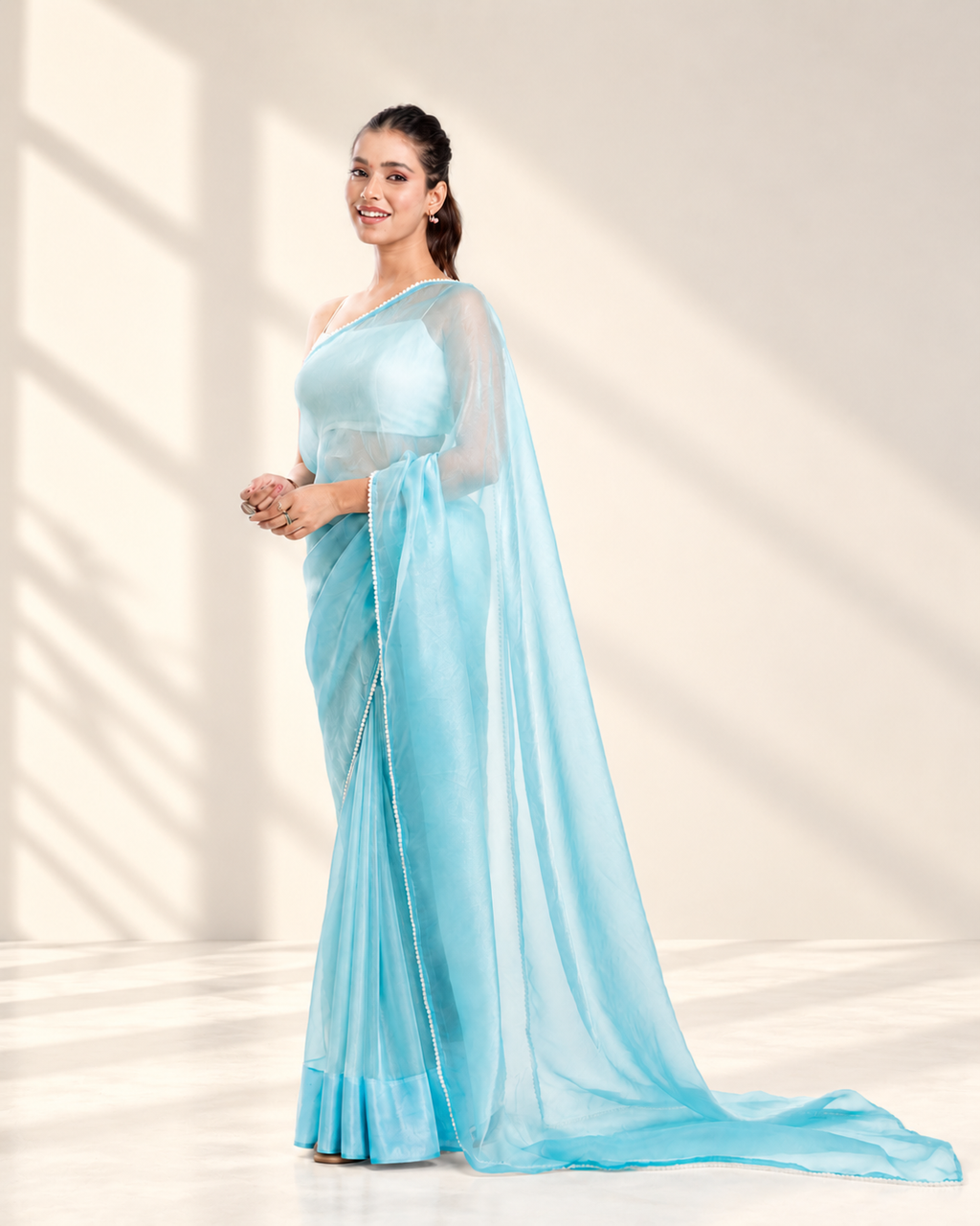 Powder Blue Soft Metallic Organza Saree with Pearl Lace Border and Matching Blouse Piece | Fall & Pico Ready
