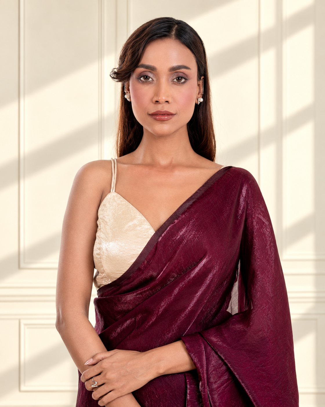 Wine Fendi Satin Saree with Handcrafted Pearl Tassels and Matching Blouse Piece | Fall & Pico Ready
