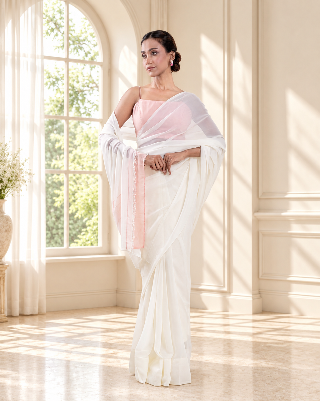 Ivory Georgette Saree with Blush Pink Panel & Drop Lace Border with Self Blouse Piece | Fall & Pico Ready