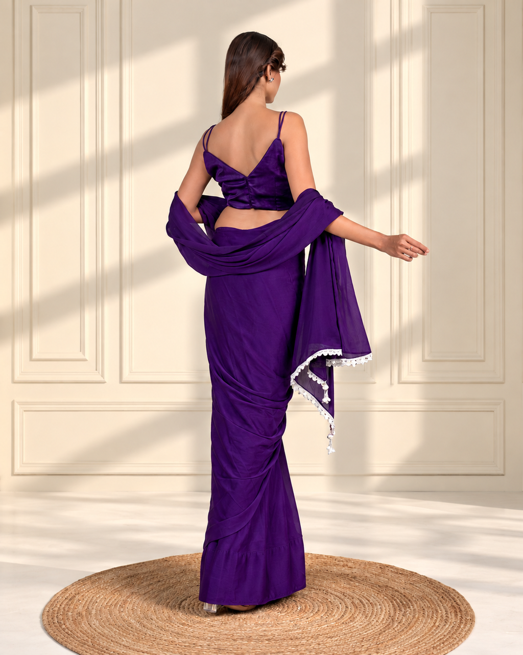 Royal Purple Natural Chiffon Saree with Embroidered Lace, Handcrafted Tassels and Matching Blouse Piece | Fall & Pico Ready