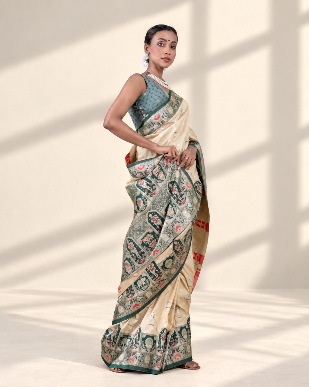 Royal Ivory Banarasi Silk Saree with Heritage Woven Temple Pallu and Matching Blouse Piece | Fall & Pico Ready