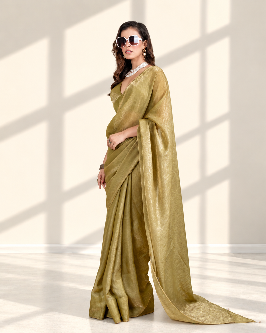 Olive Green Fendi Satin Woven Zari Saree with Pearl Tassel Pallu and Matching Blouse Piece | Fall & Pico Ready