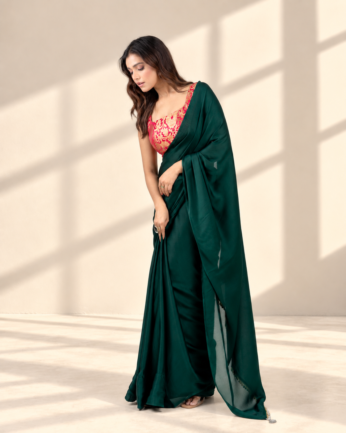 Emerald Green Satin Saree with Handcrafted Mother of Pearl Lace Border and Matching Satin Blouse Piece | Fall & Pico Ready