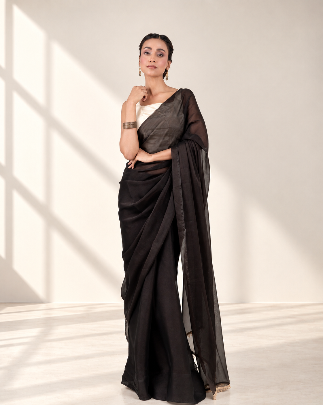 Classic Black Iconic Chiffon Saree with Handcrafted Crystal Lace and Matching Blouse Piece | Fall & Pico Ready