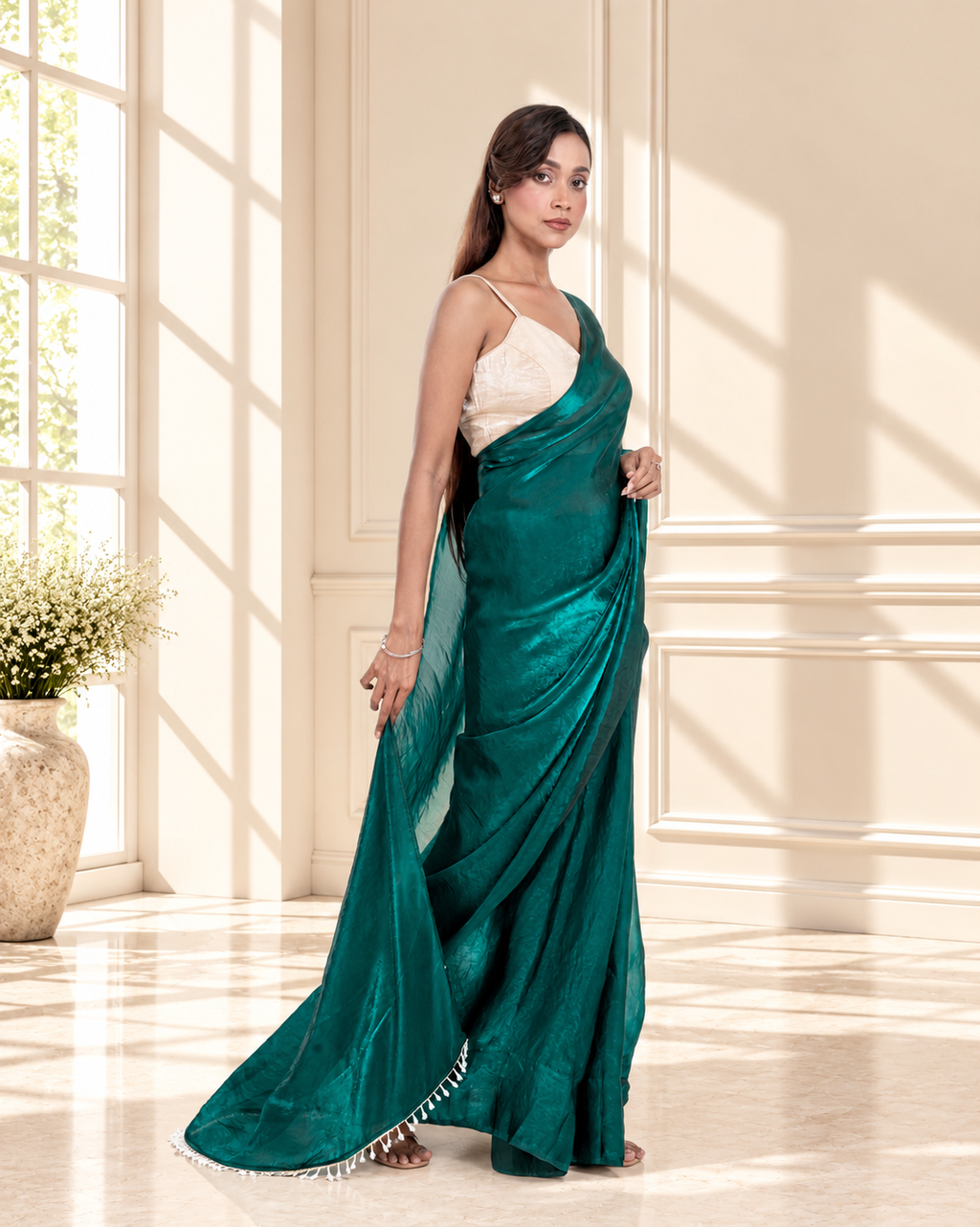 Emerald Fendi Satin Saree with Handcrafted Crystal Drop Lace and Matching Blouse Piece | Fall & Pico Ready