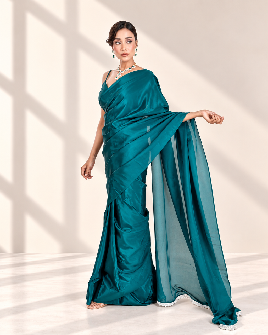 Deep Peacock Green Silk Blend Saree with Embroidered Lace and Matching Blouse Piece | Fall & Pico Ready
