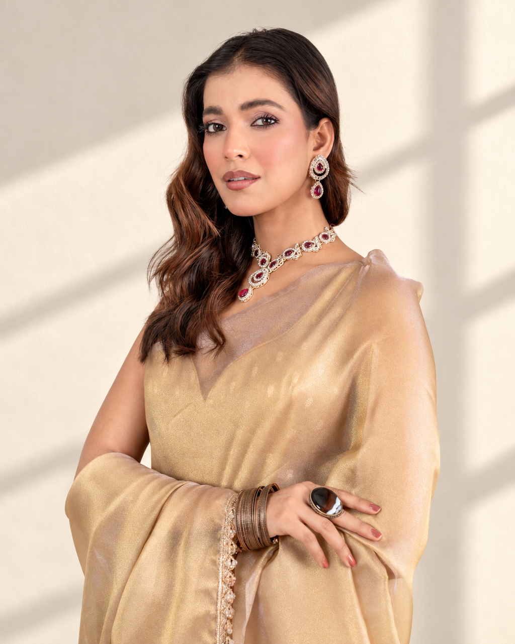 Chikoo Organza Saree with Handcrafted Crystal Beads Lace & Golden Buti Blouse Piece | Fall & Pico Ready